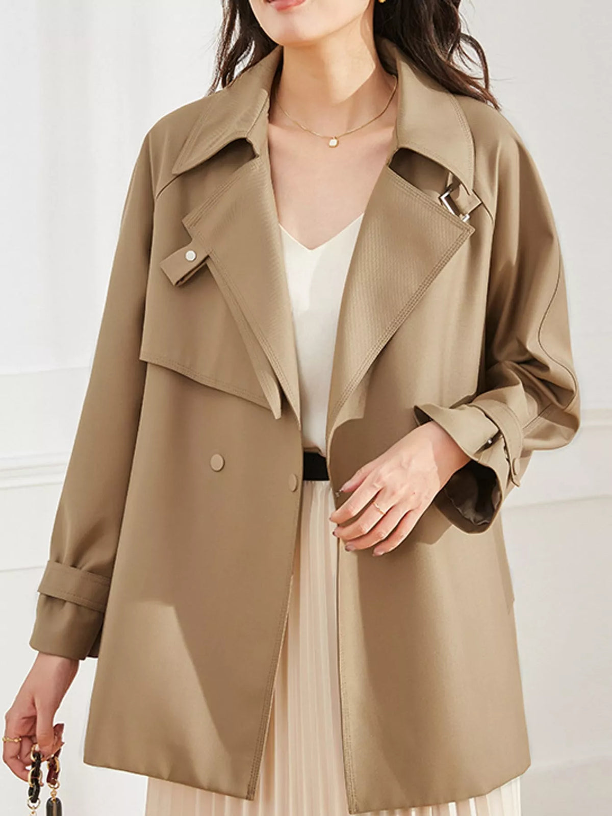 Double-Breasted Tie Waist Trench Coat in beige