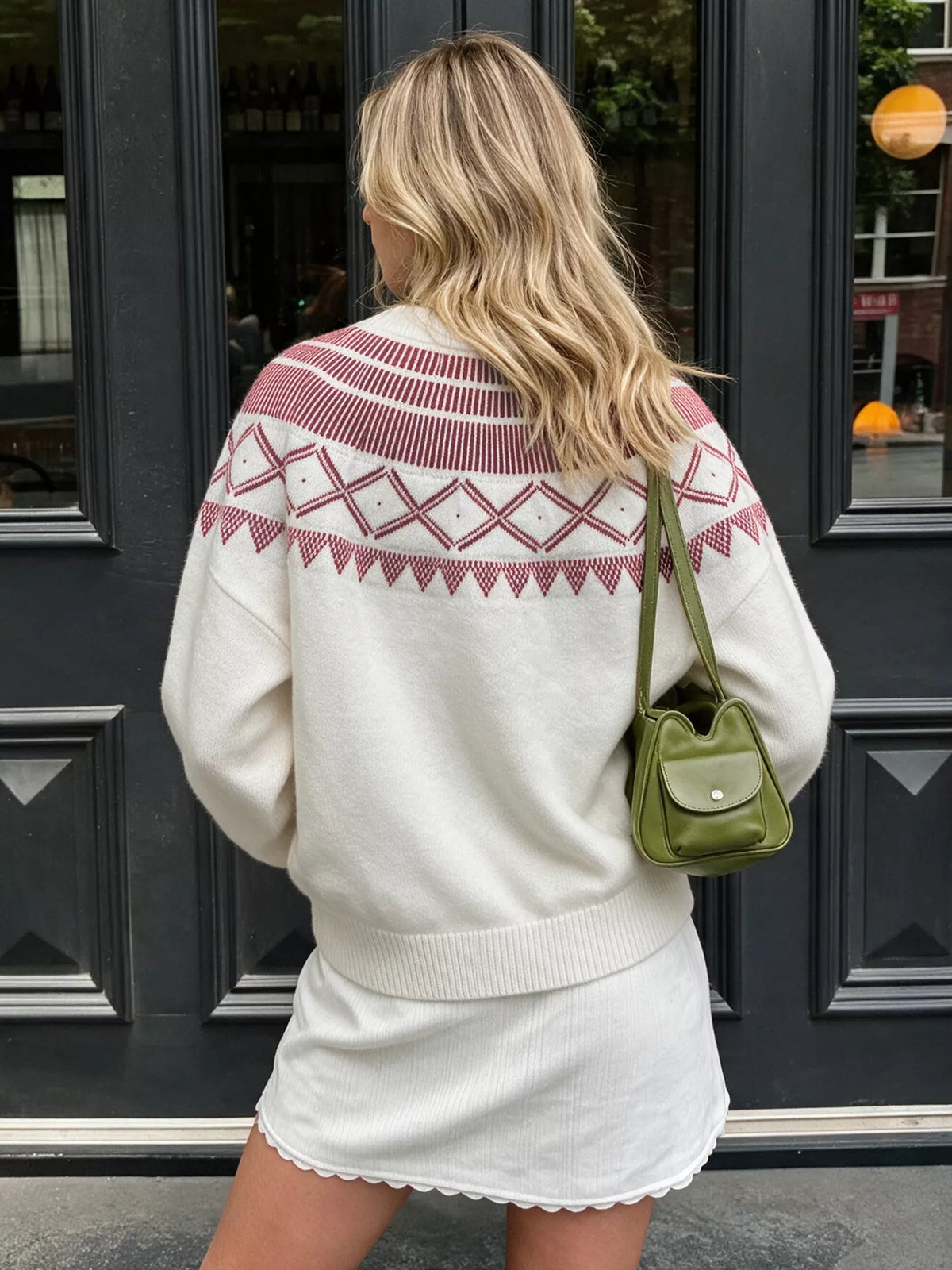 Cream geometric crew neck sweater, back view