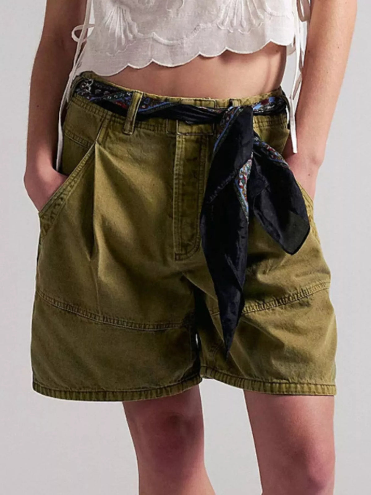 Olive green high-waisted denim shorts