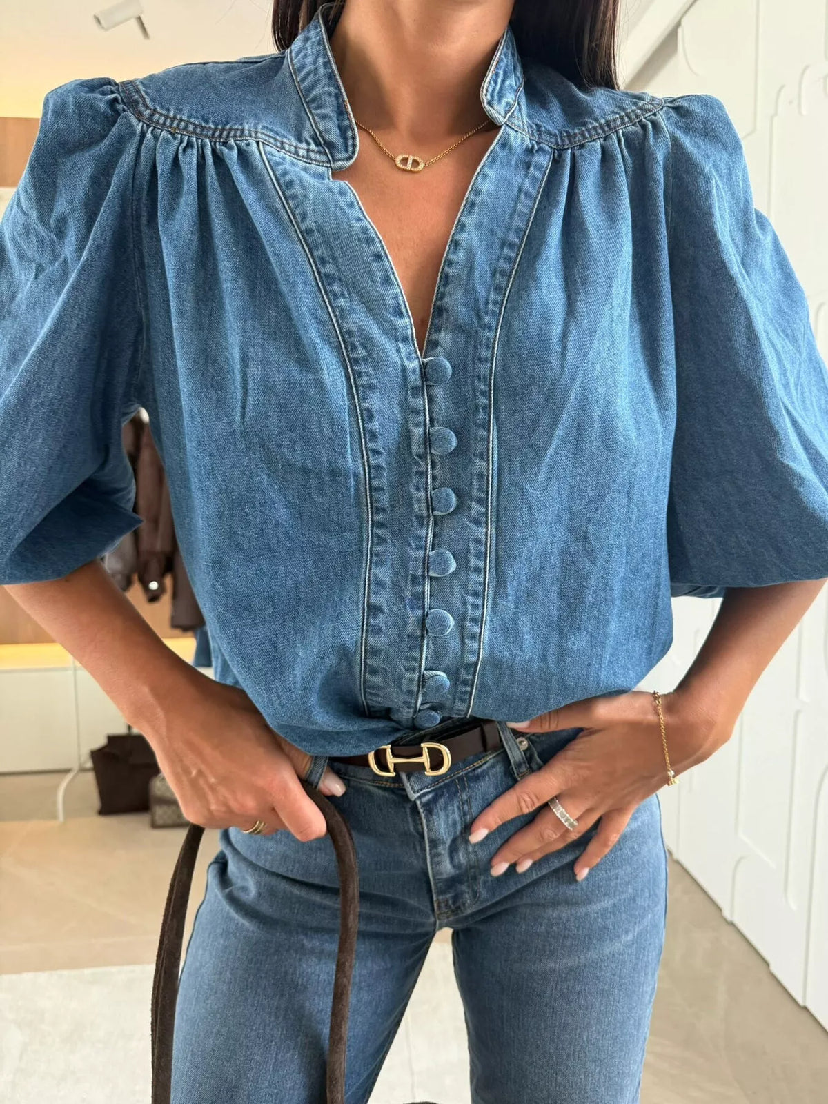 Trendsi Puff Sleeve Button Front Denim Top -