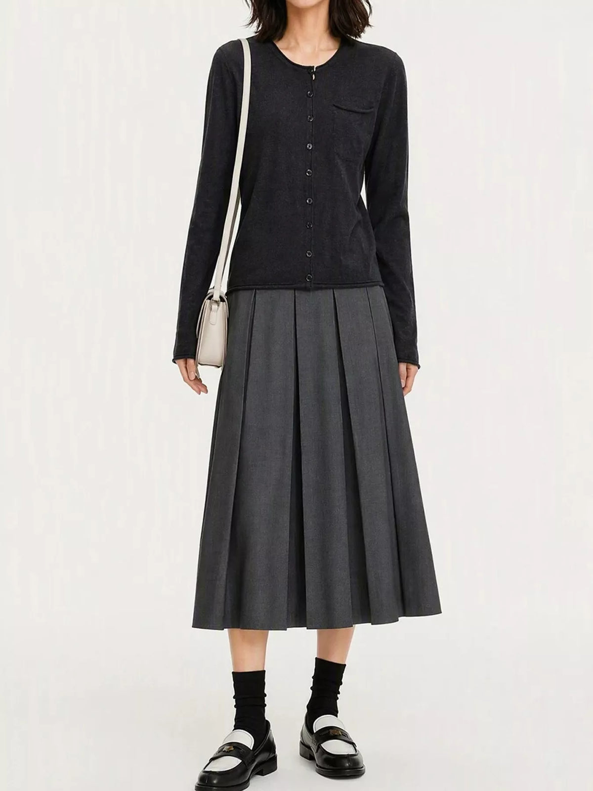 Round neck long sleeve cardigan, front view on model