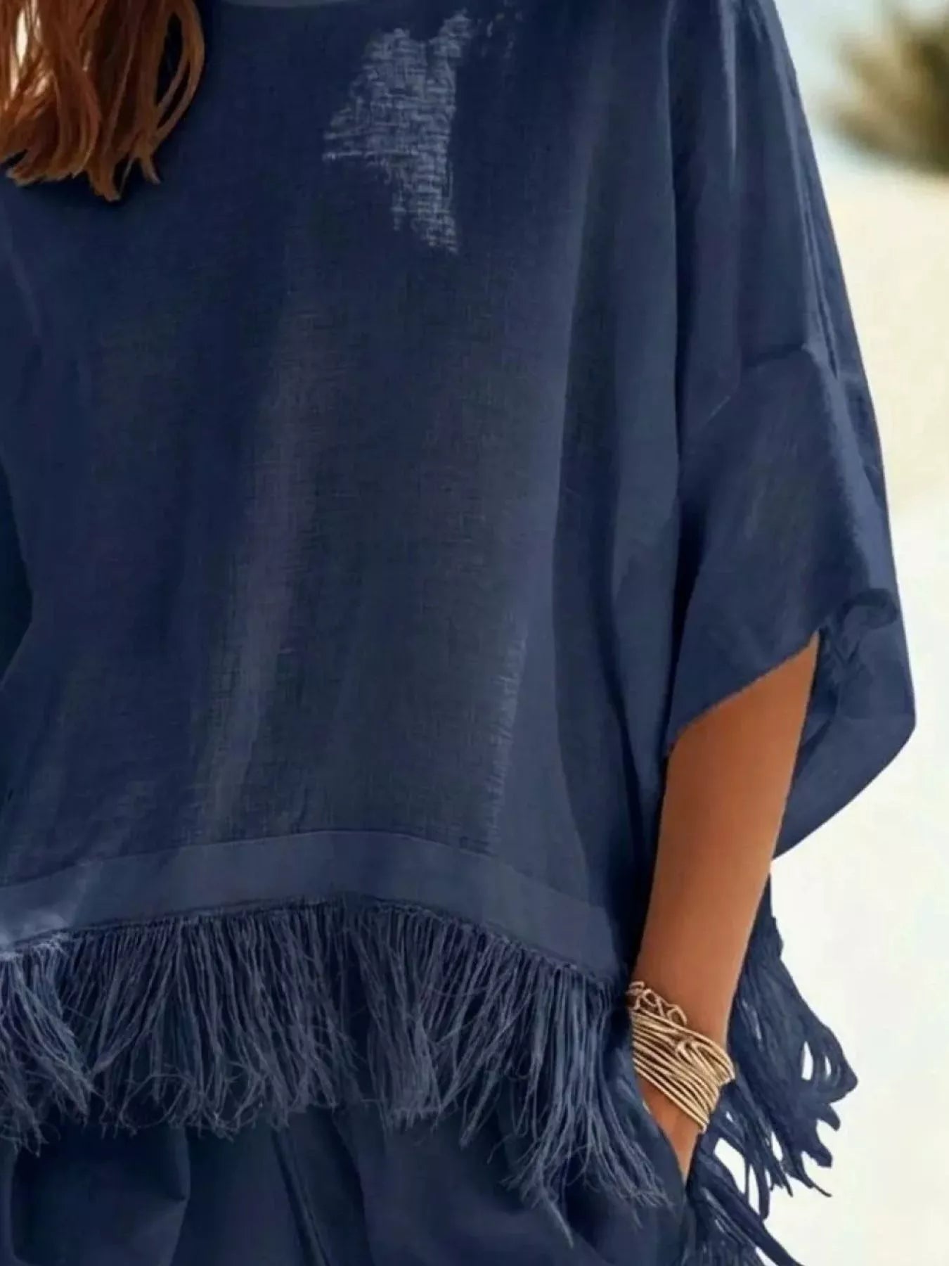 Trendsi Fringed 3/4 Sleeve Blouse -