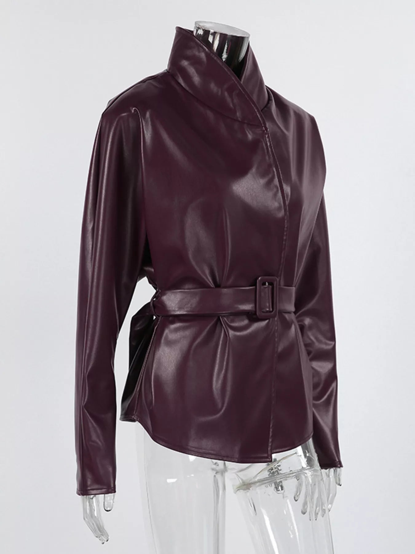 Trendsi Stand Collar Belted Faux Leather Jacket -