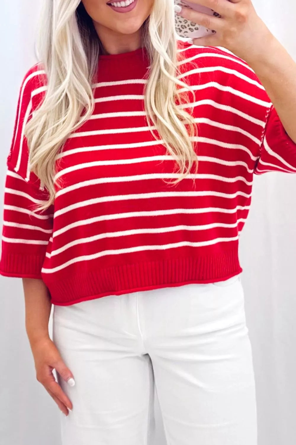 Trendsi Stripe Dropped Shoulder Half Sleeve Relaxed Knit Sweater -