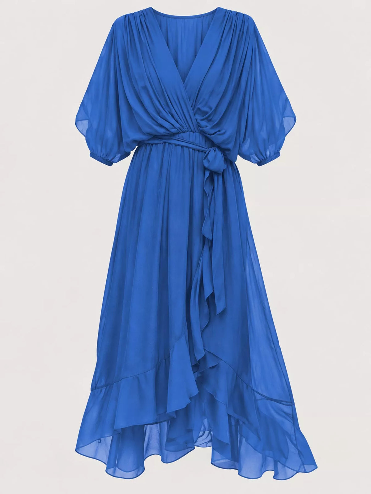 Blue batwing sleeve wrap dress with waist tie, front view