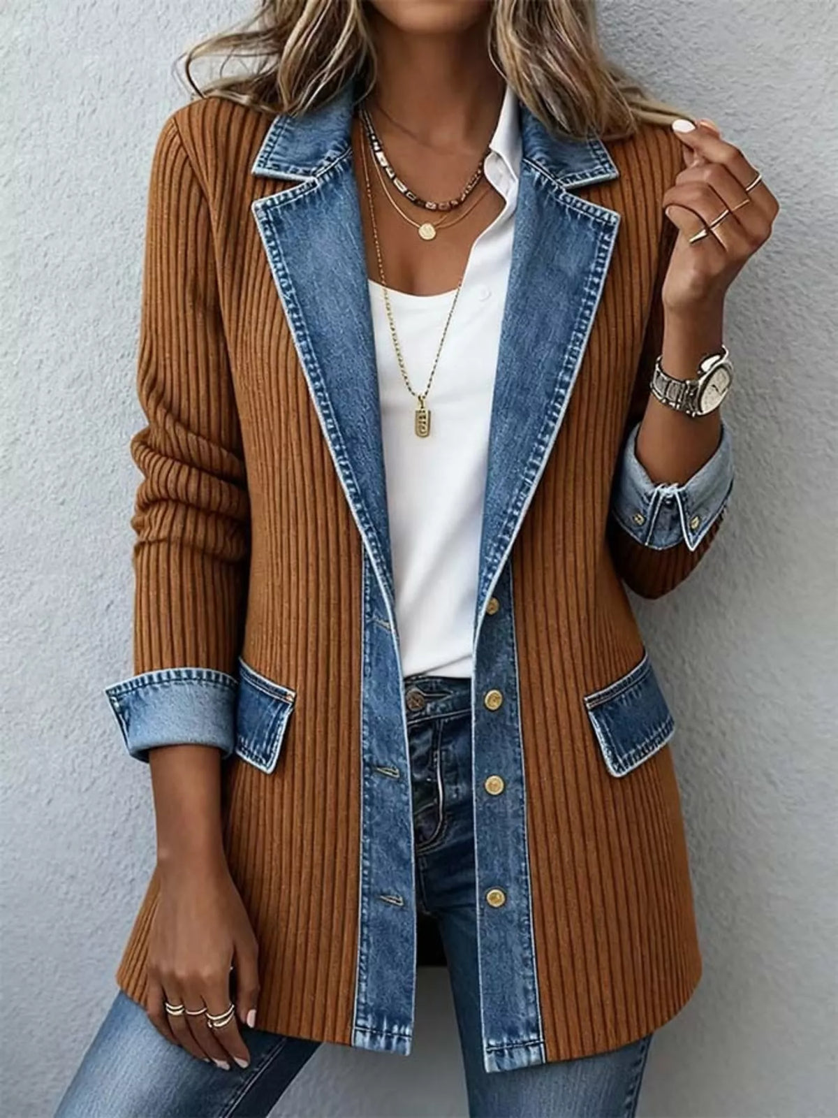 Trendsi Full Size Denim Trim Ribbed Knit Jacket Plus Size -