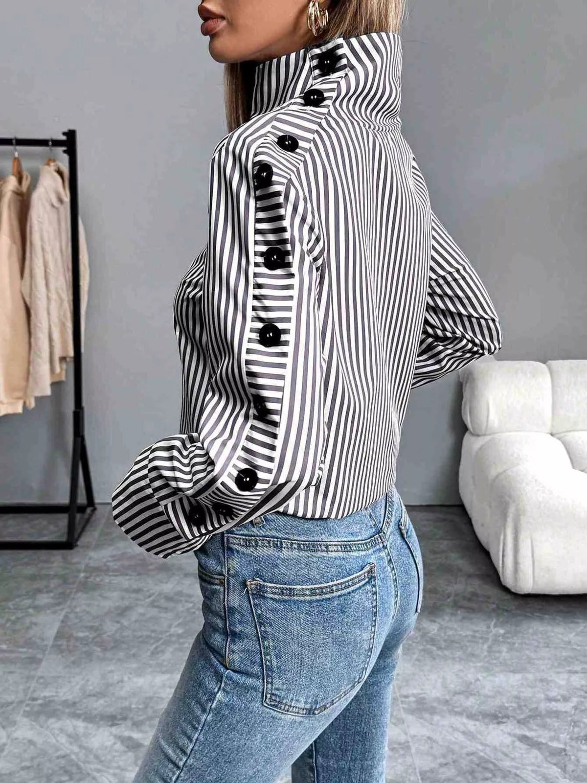 Trendsi Striped Turtleneck Long Sleeve Blouse -