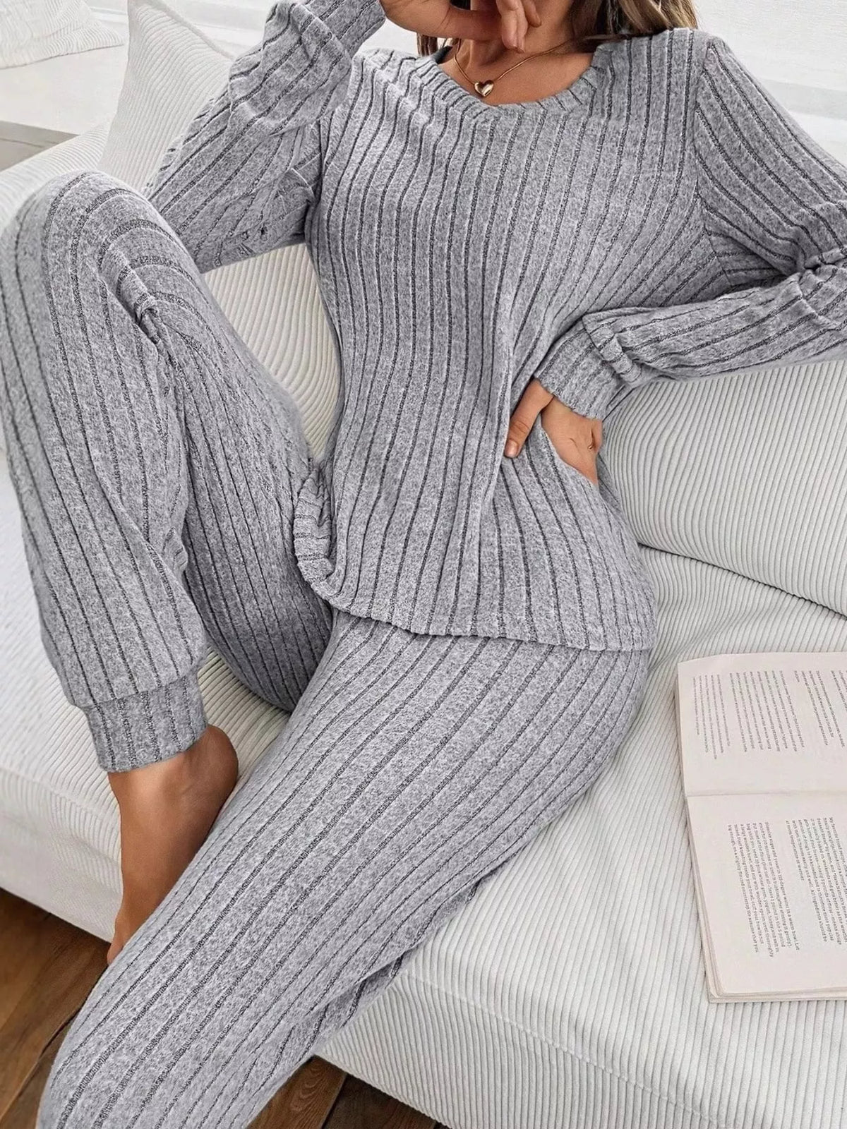 Ribbed Knit Long Sleeve Top and Pants Loungewear Set — front view