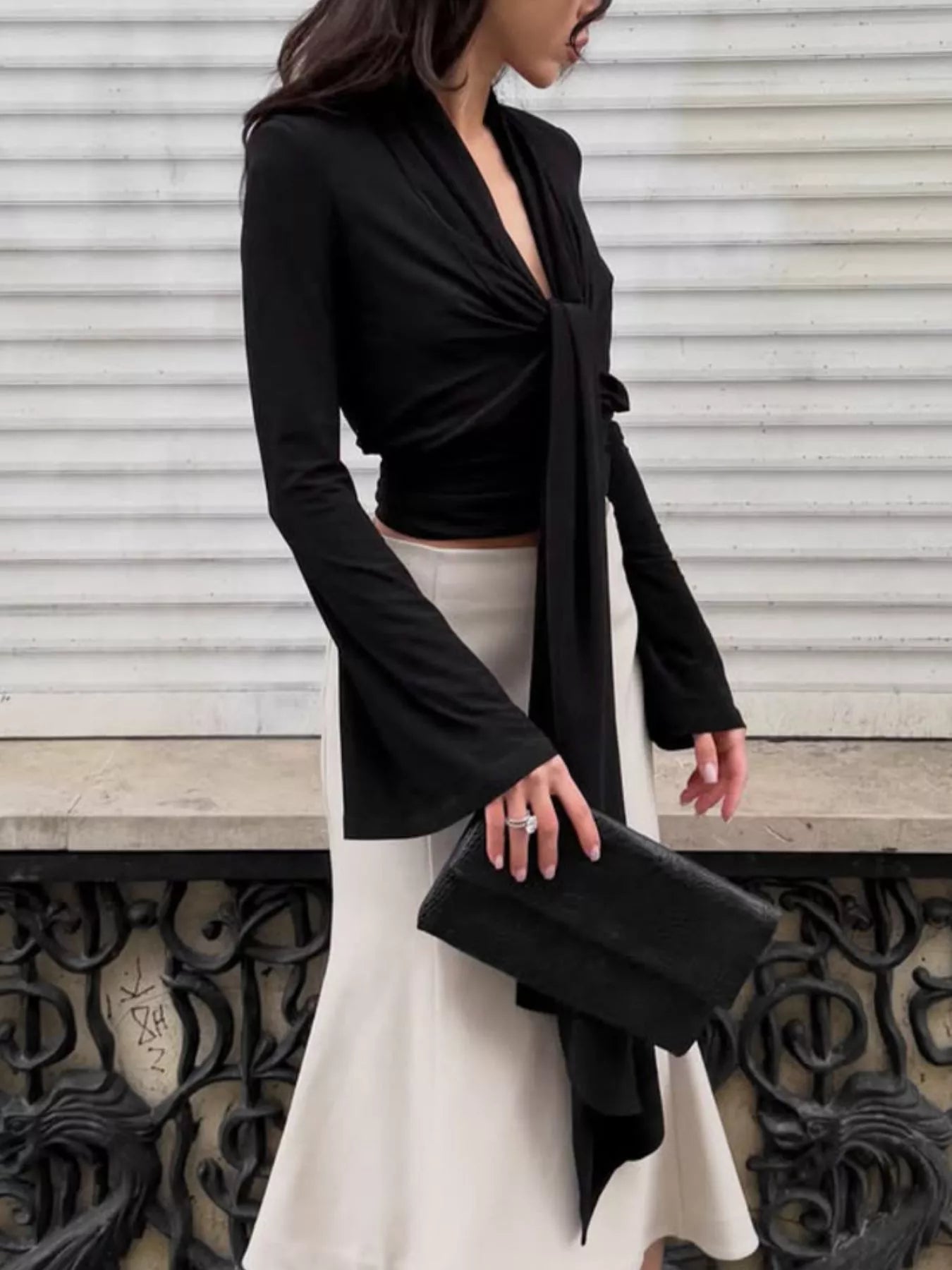 Trendsi Front Tie Detail Flare Sleeve Blouse -