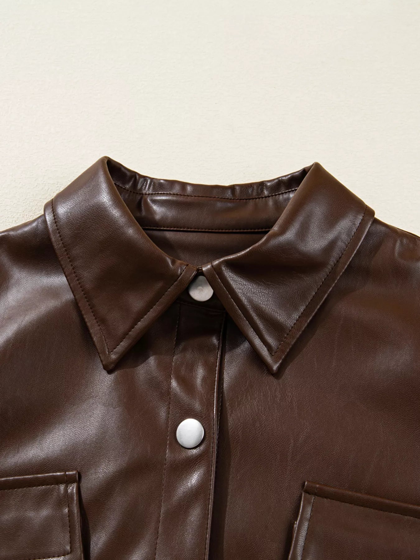 Trendsi Double Flap Pocket Drawstring Hem Leather Jacket -