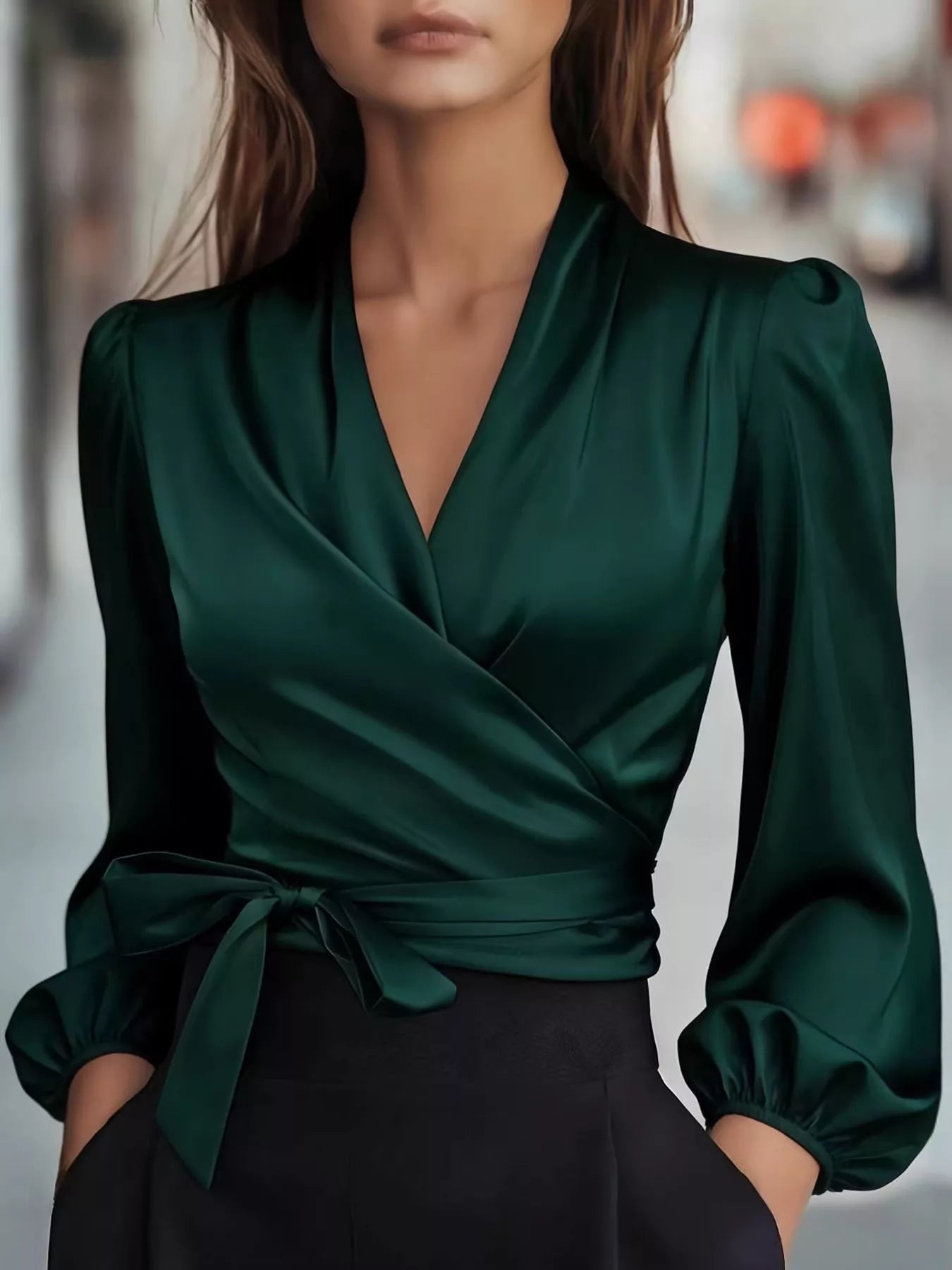 Trendsi Elegant Satin Wrap Blouse with Bow Detail -