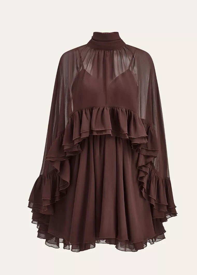 Brown ruffled cape and cami dress set, front view