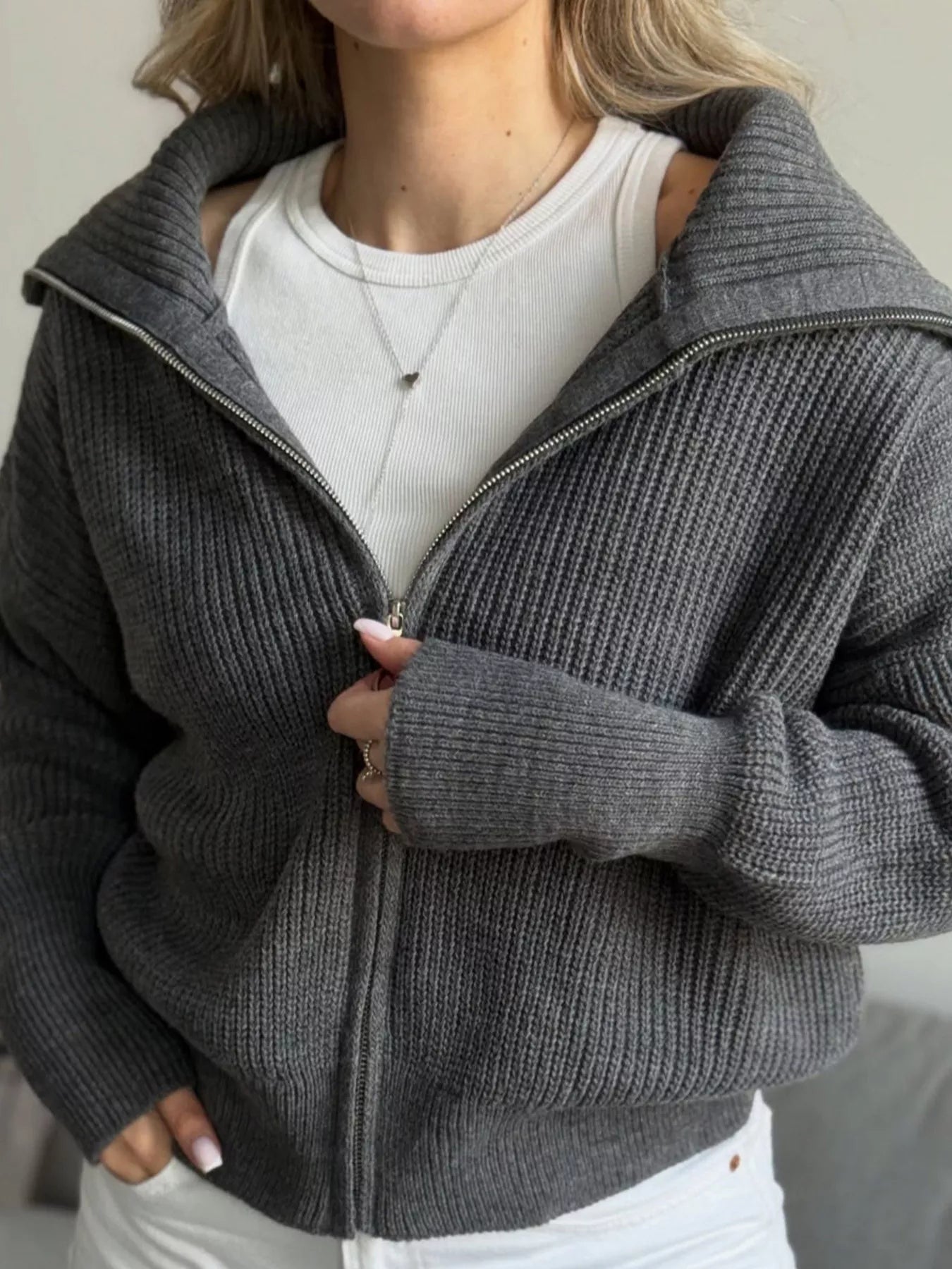Trendsi Zip Up Dropped Shoulder Cardigan -