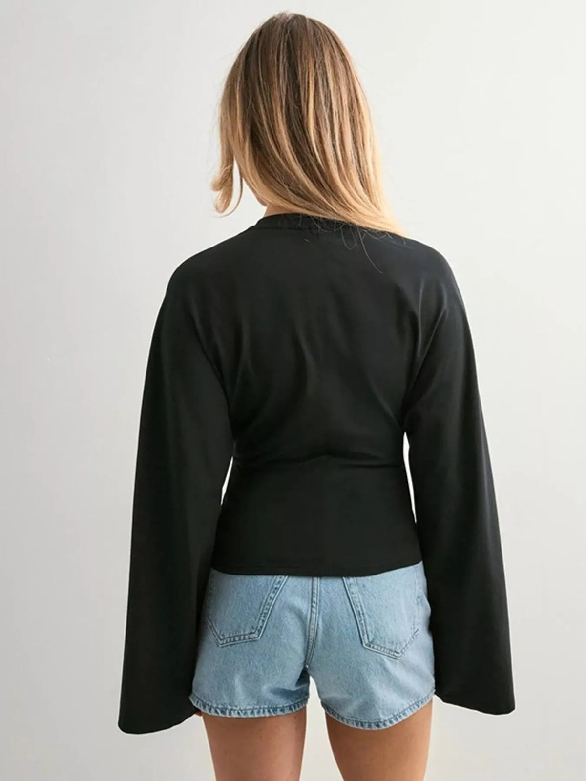 Black Solid Long Sleeve Crew Neck Stretch T-Shirt back view