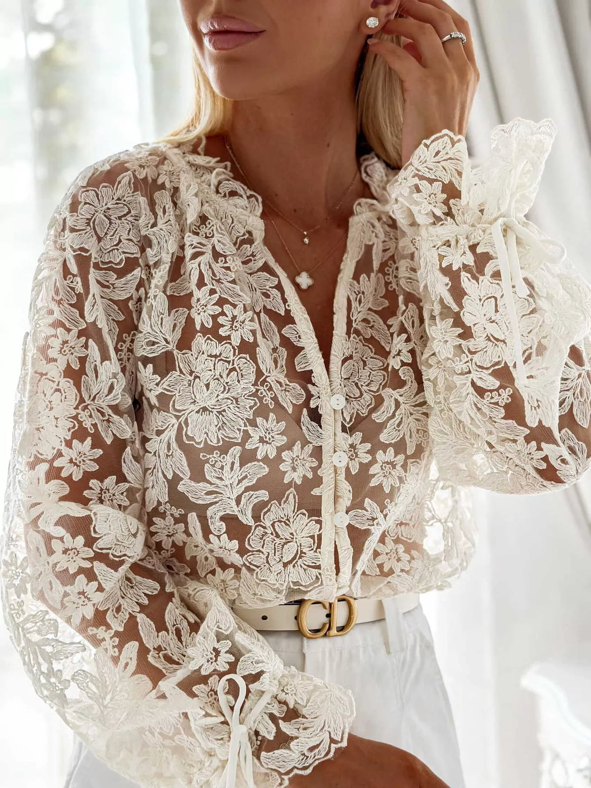 Cream sheer floral lace long sleeve shirt