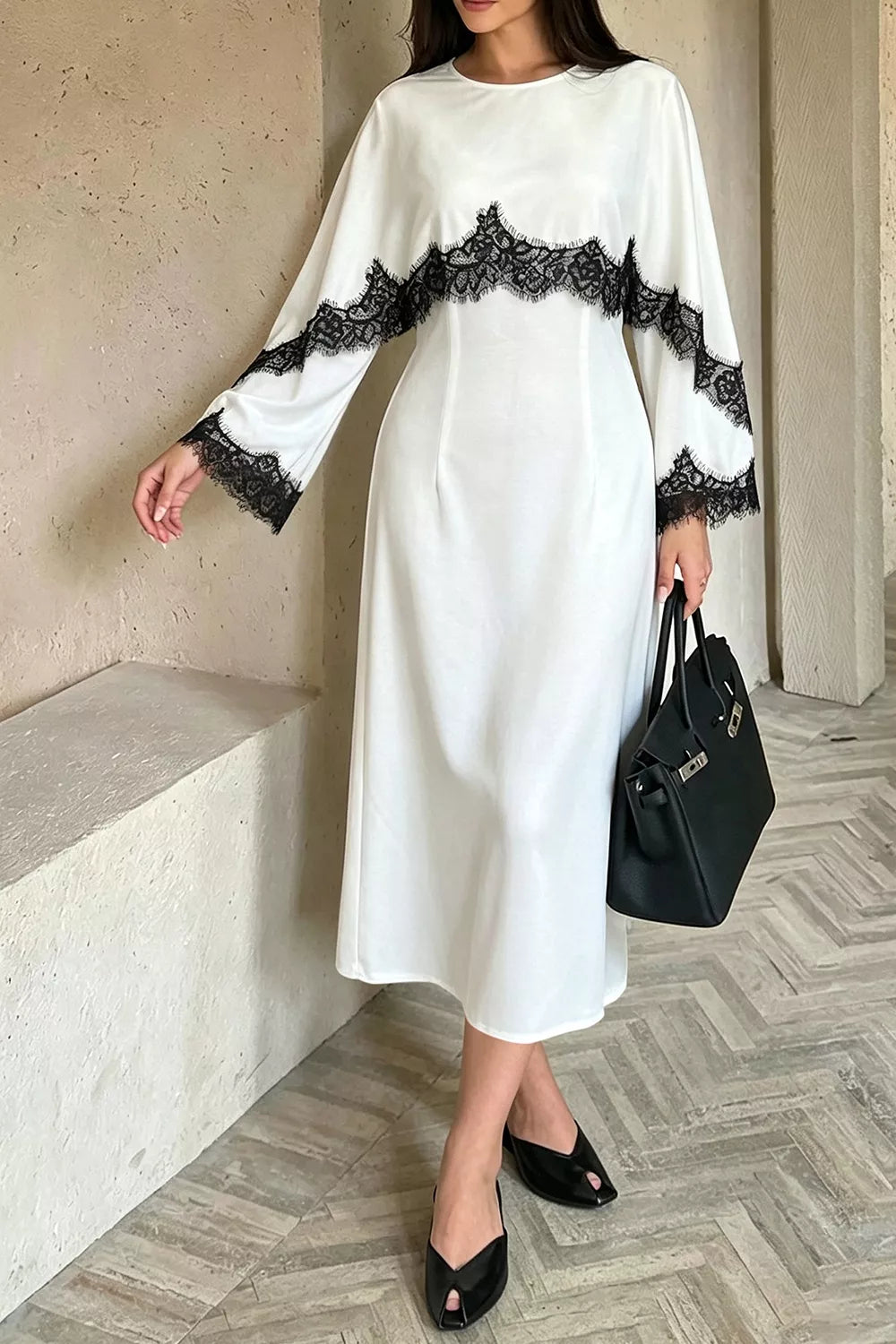 White lace trim round neck midi dress