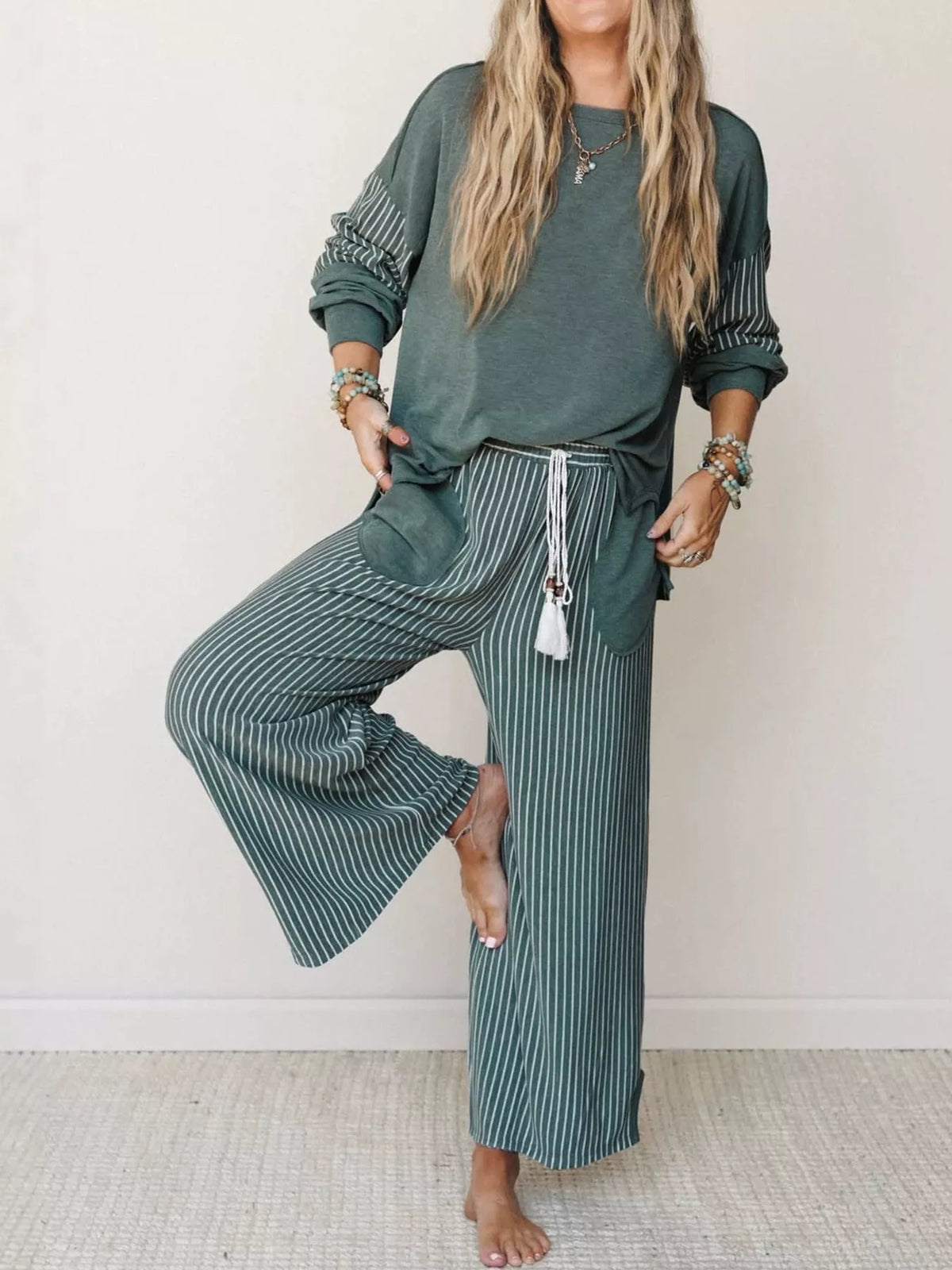 Green striped boat neck top and wide-leg pants set