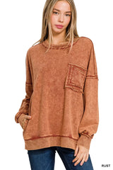 Trendsi Zenana Acid Wash Raw Edge French Terry Sweatshirt with Front Pocket -