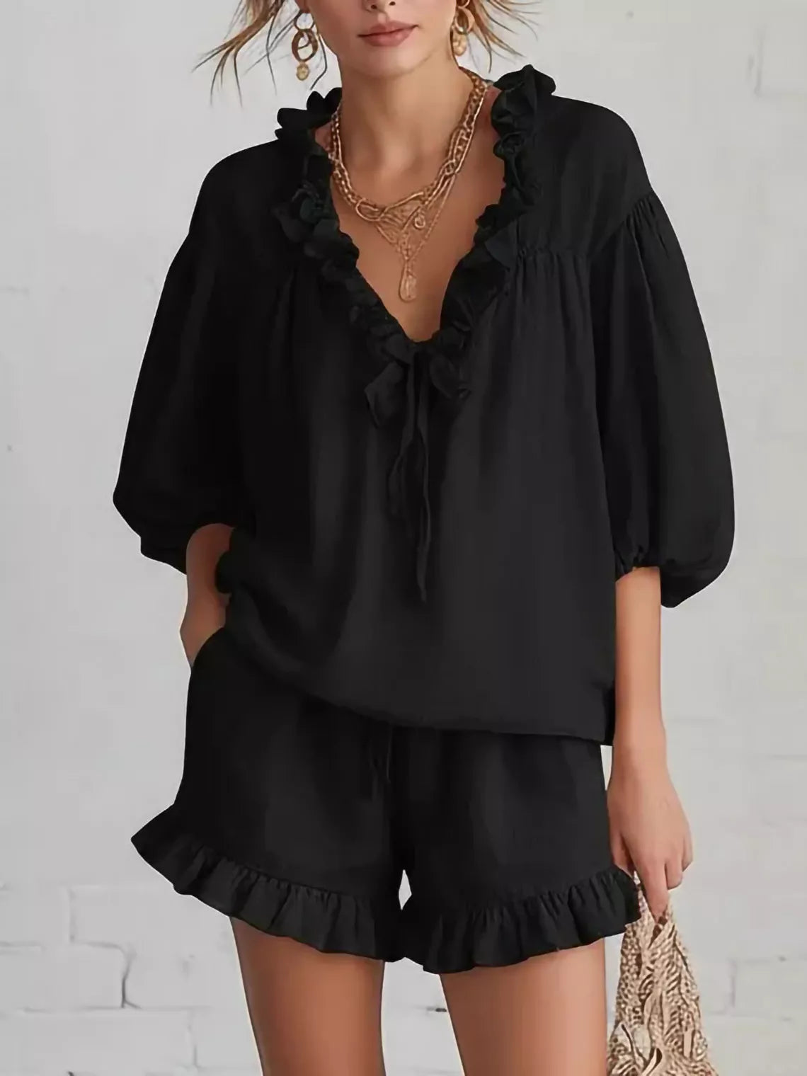 Trendsi Ruffled V-Neck Blouse and Shorts Set -