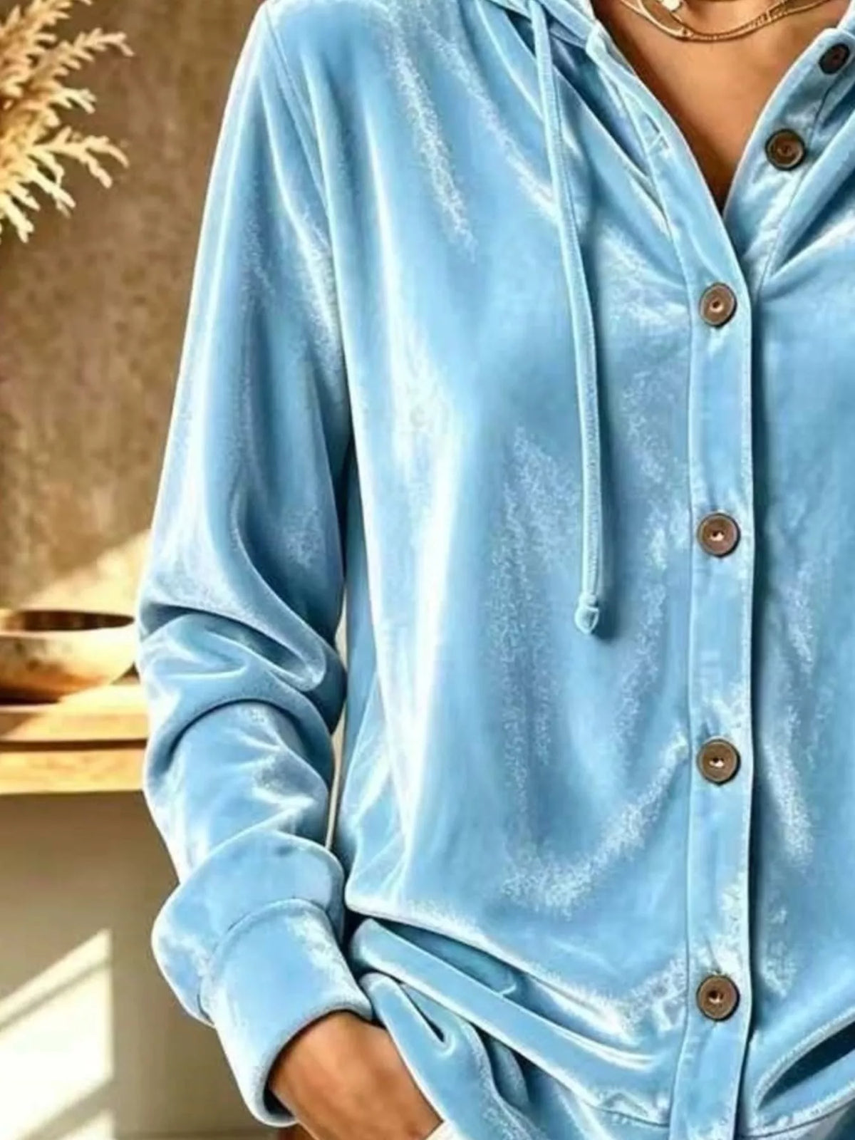 Velvet button-front hooded top