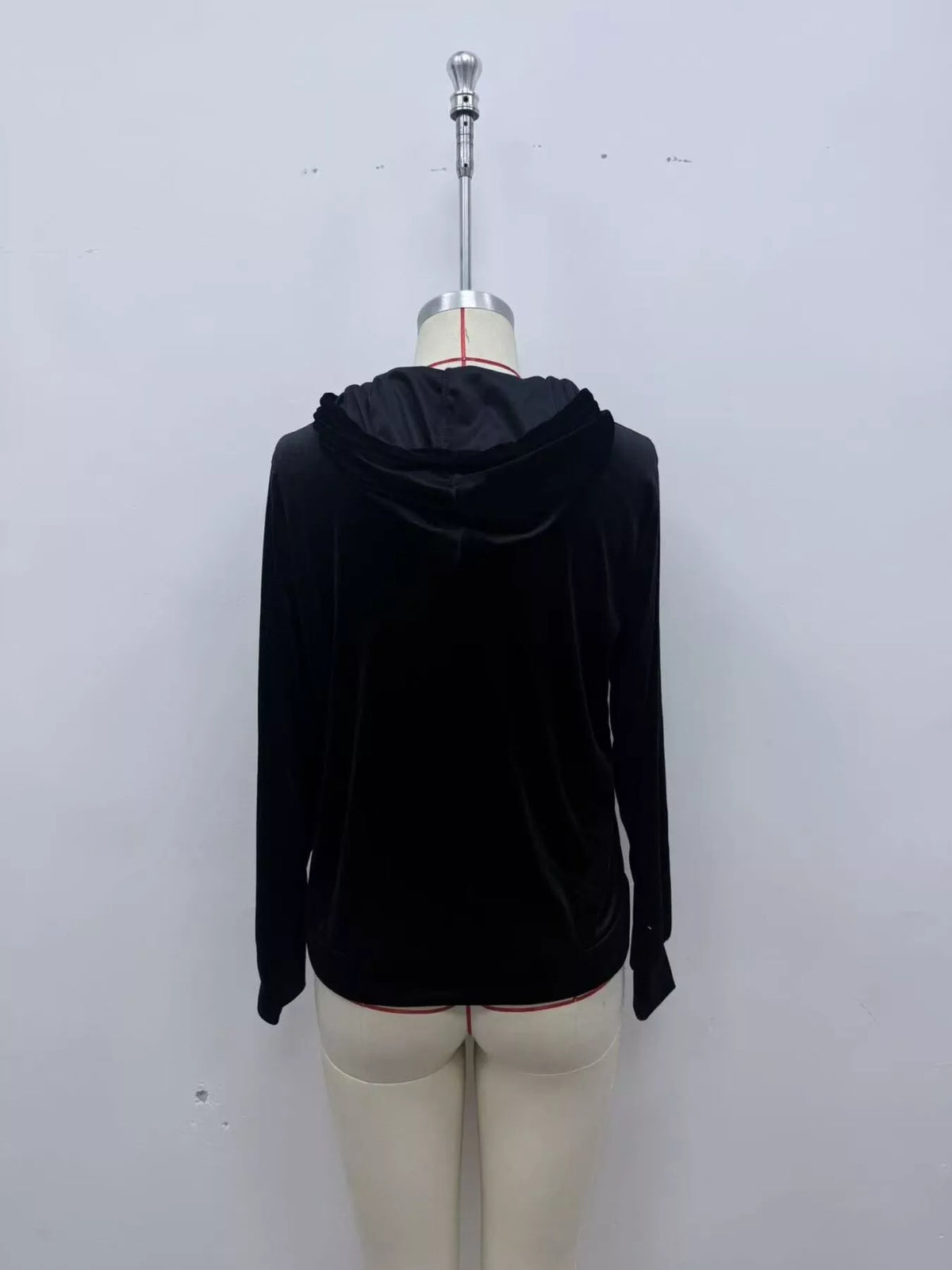 Women's Velvet Kangaroo Pocket Hoodie in Black, back view