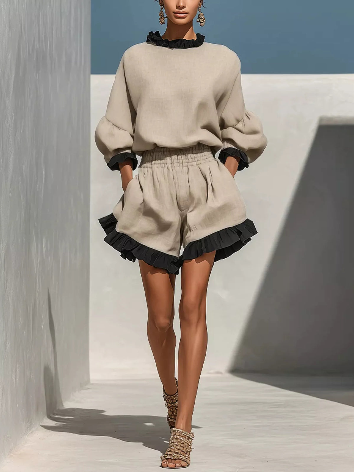 Beige and black contrast-ruffle top and shorts set, front view