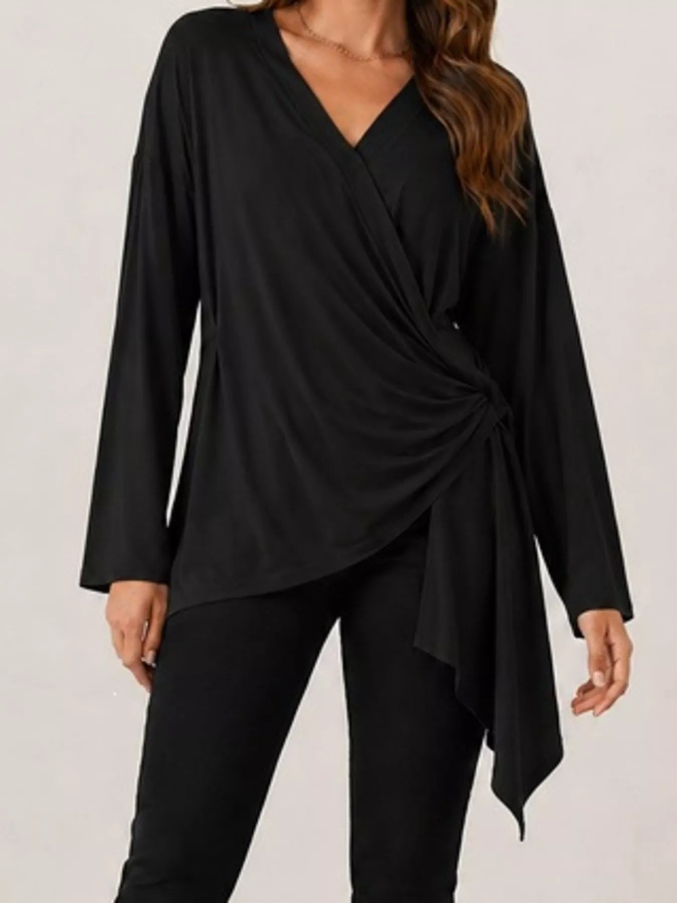Trendsi Long Sleeve Wrap T-Shirt with Side Knot Detail -