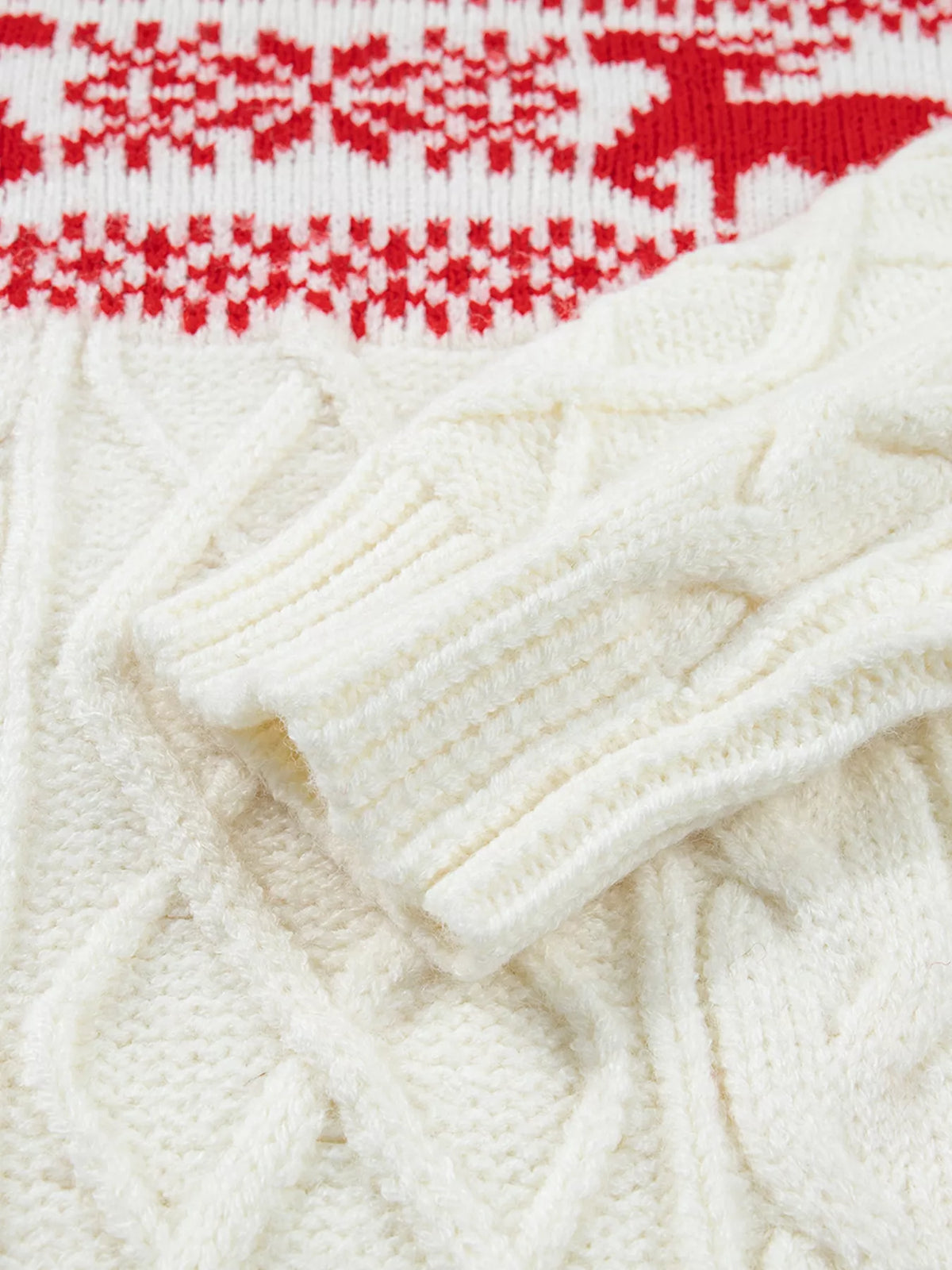 Reindeer Cable Knit Christmas Sweater in cream, construction detail