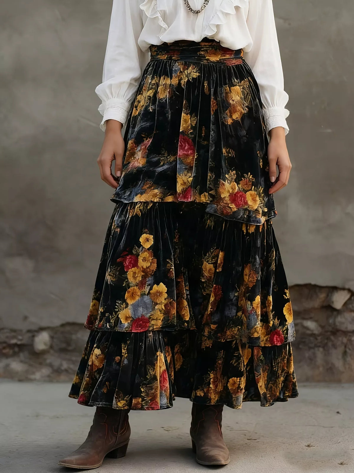 Floral Tiered Maxi Skirt with Pockets front view