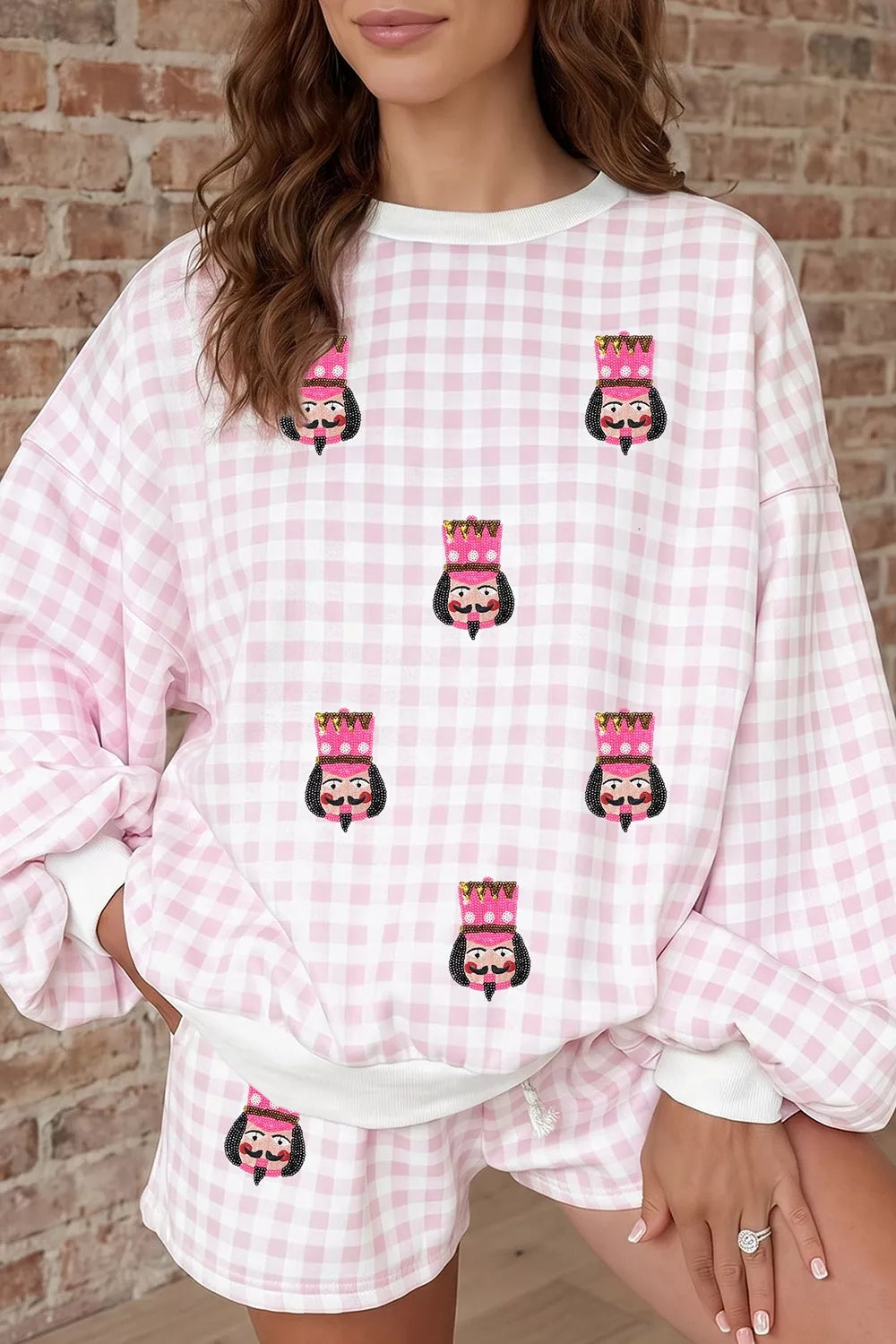 Plaid Sequin Nutcracker Graphic Long Sleeve Shorts Set — front view