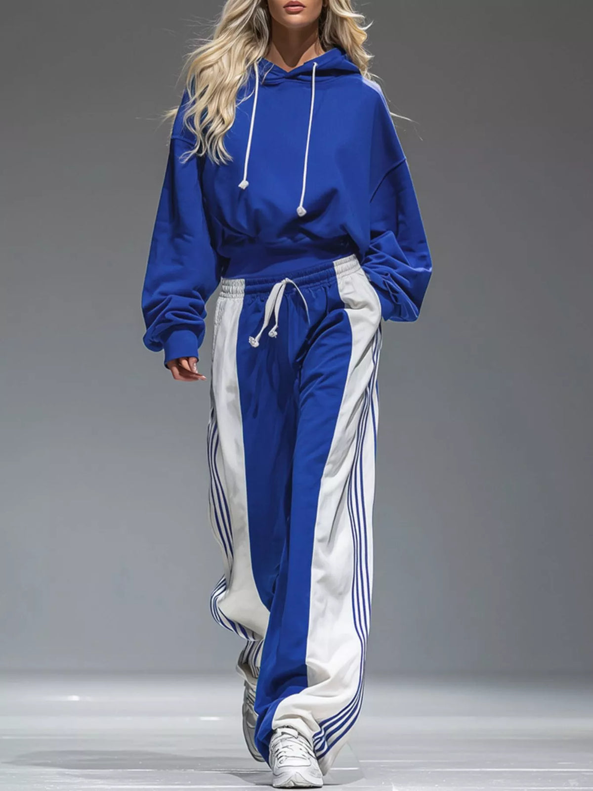 Blue And White Drawstring Hoodie and Color-Block Wide-Leg Pants Set full-length front view