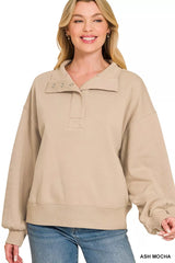 Trendsi Zenana Fleece Half Snap Button Sweatshirt - Shirts