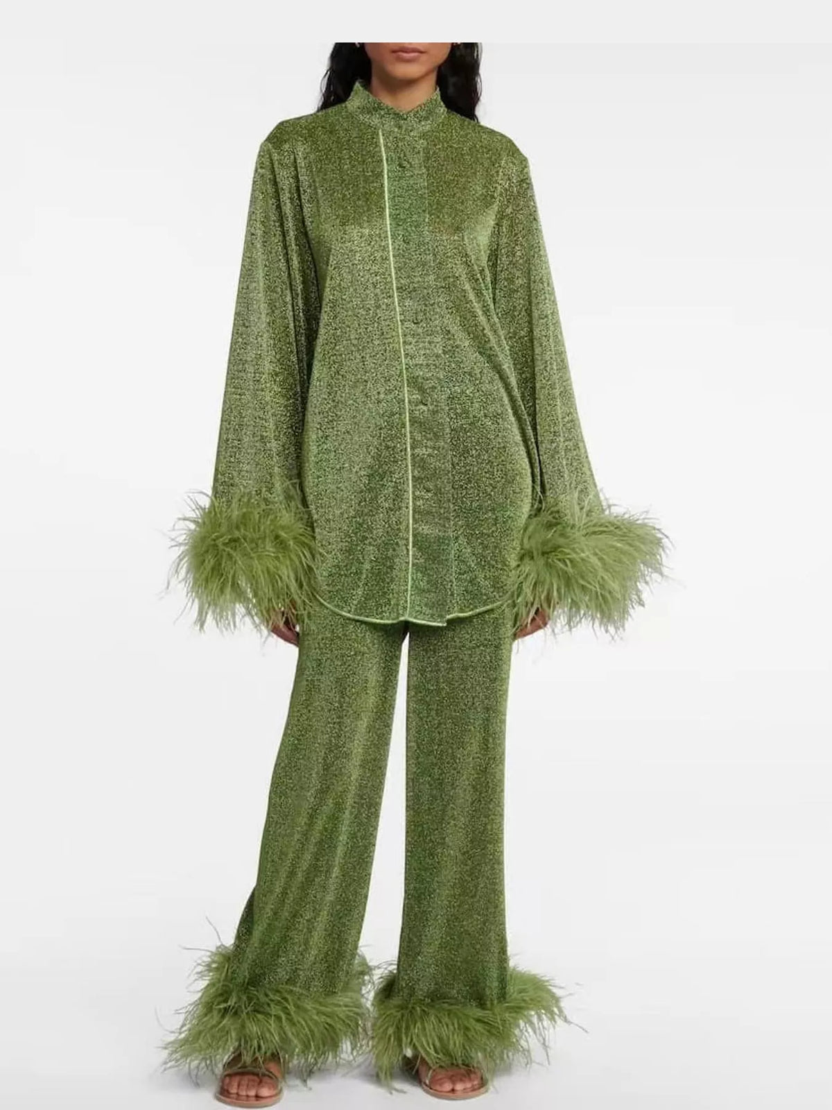 Olive feather-trimmed top and wide-leg pants set — front view