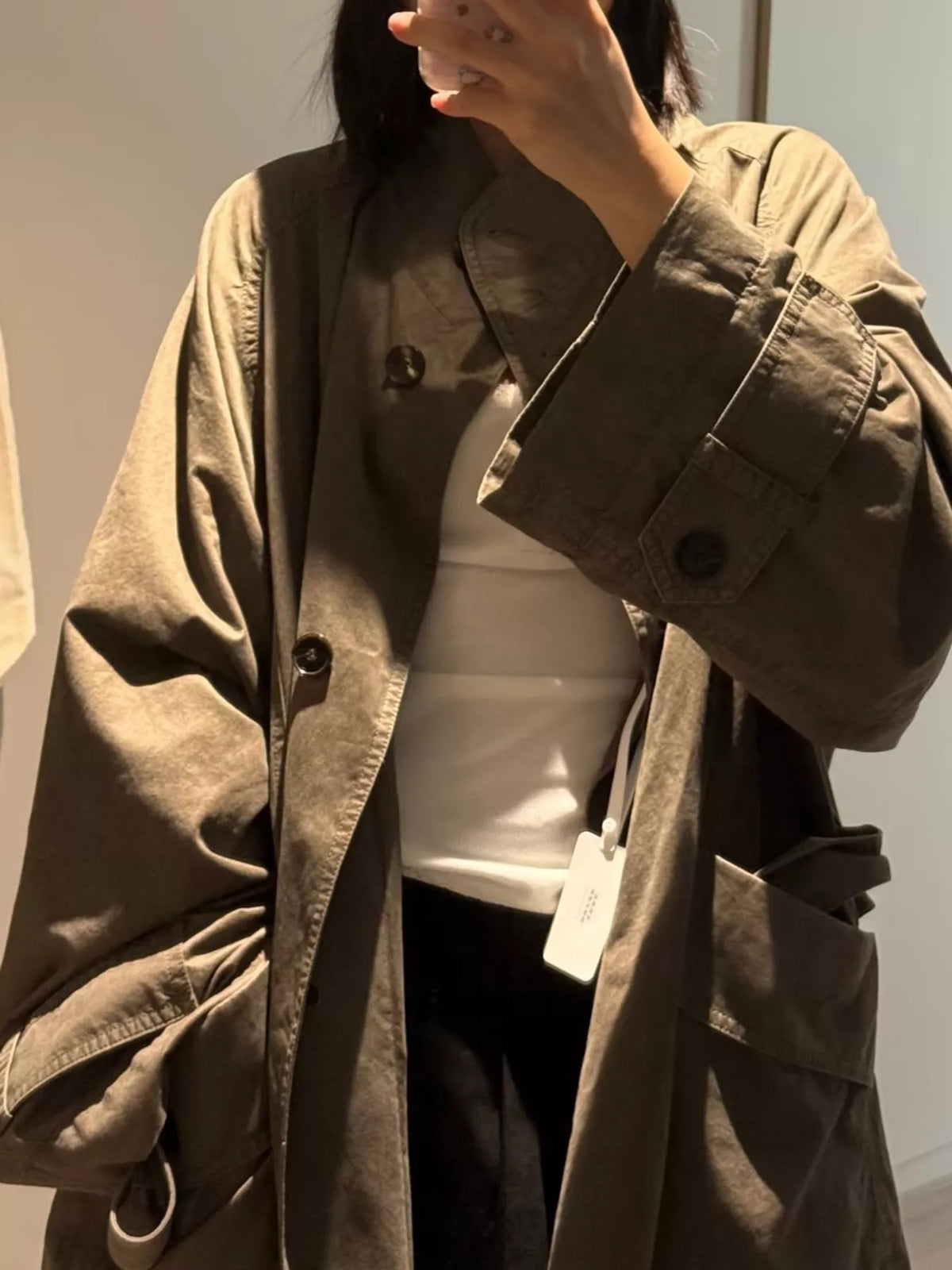 Vintage Style Stand-Collar Belted Utility Jacket, detail view in khaki