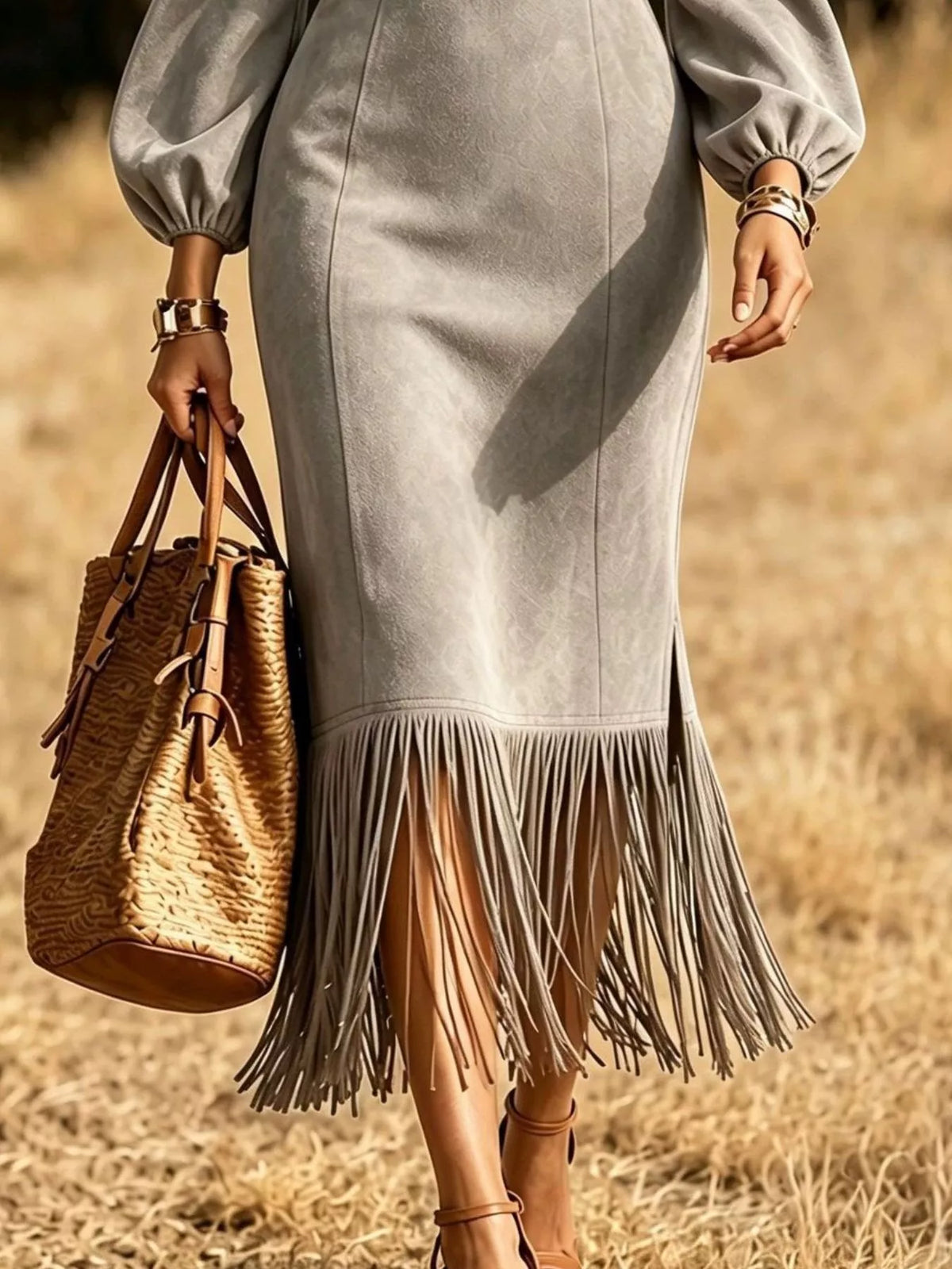 Women's Fringe Round Neck Balloon Sleeve Dress in gray — hem detail view