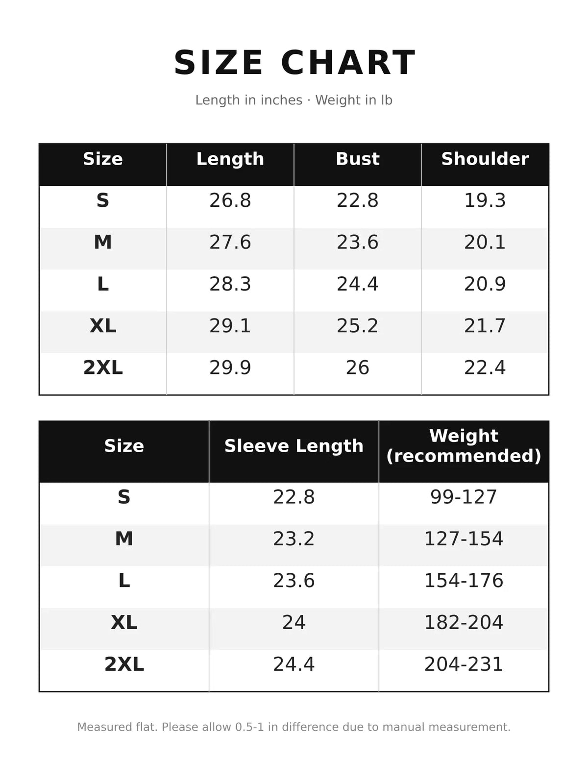 Quarter-Zip Long Sleeve Sweatshirt — size and measurement chart