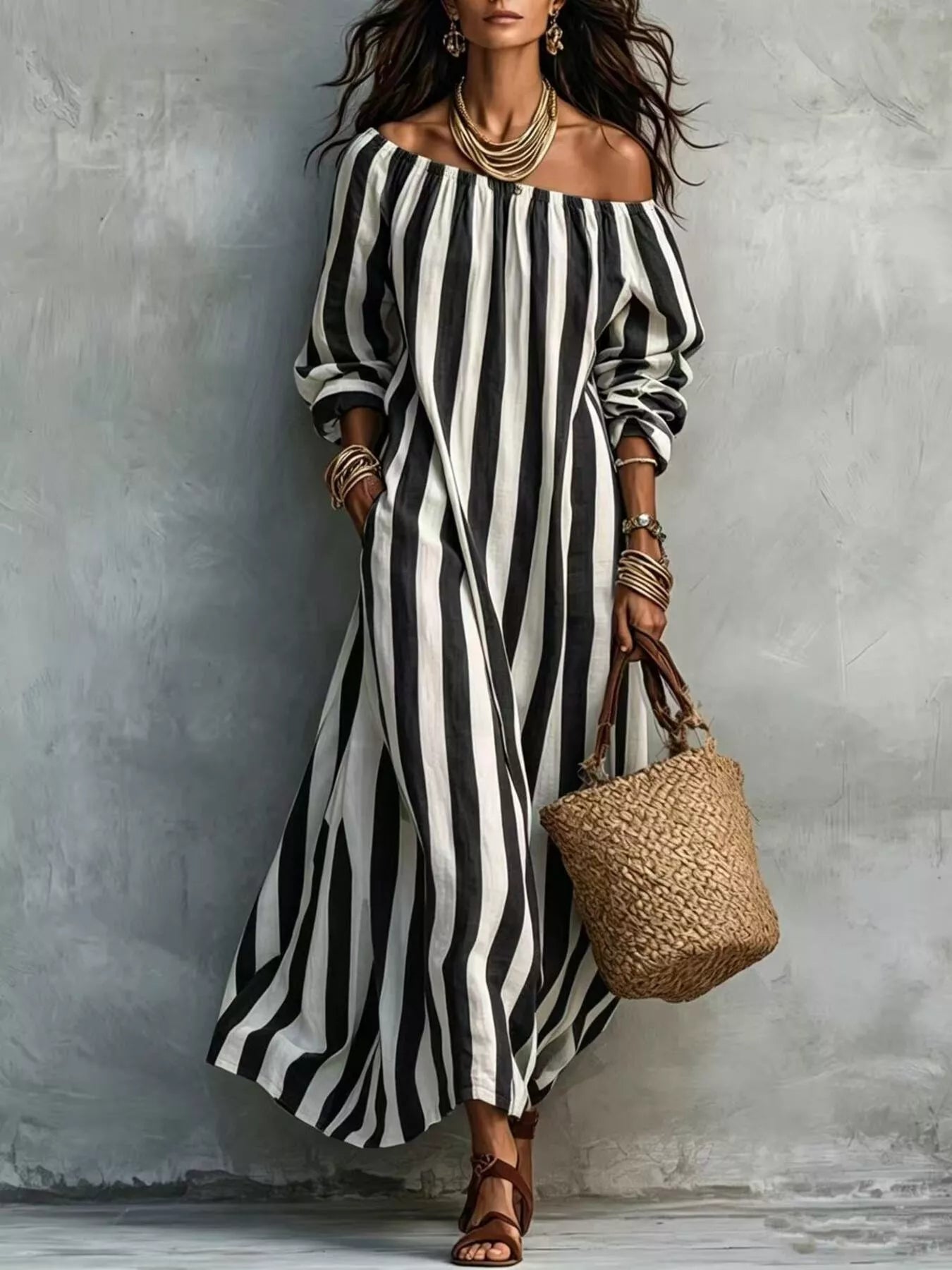 Trendsi Off-Shoulder Striped Dress with Pockets -