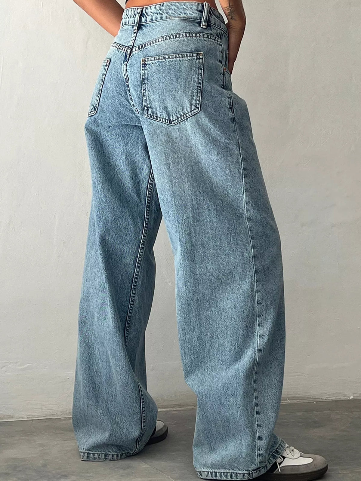 Wide-Leg Vintage Wash Jeans in light blue, back view