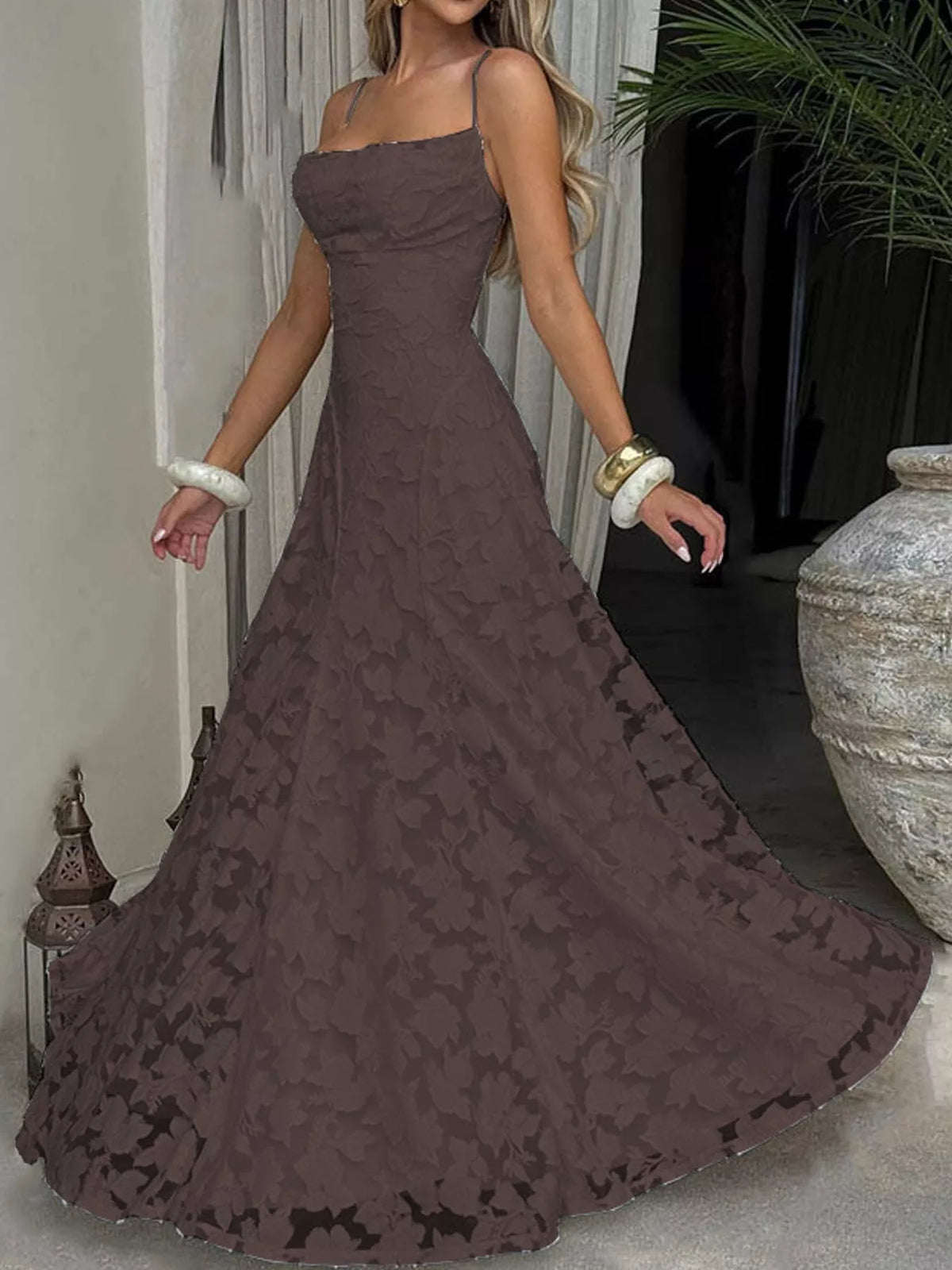 Brown backless lace maxi dress, front view