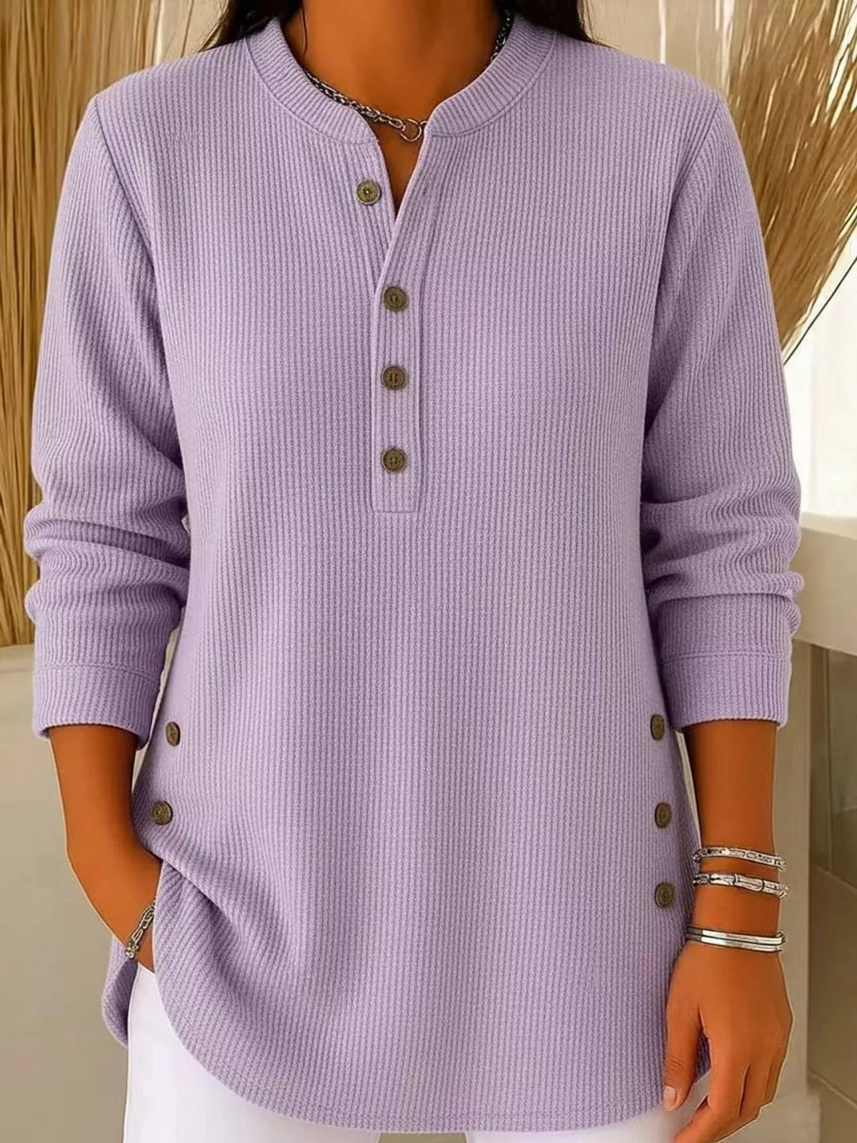 Purple button detail long sleeve top, front view
