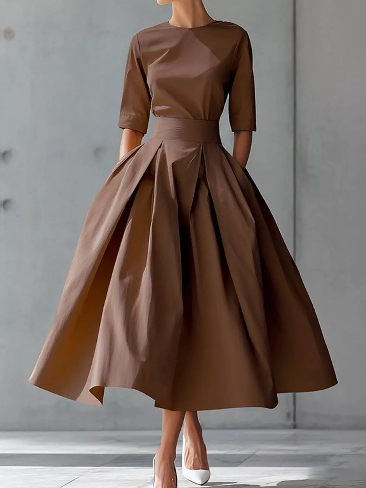 Round neck short sleeve midi dress, front view on model