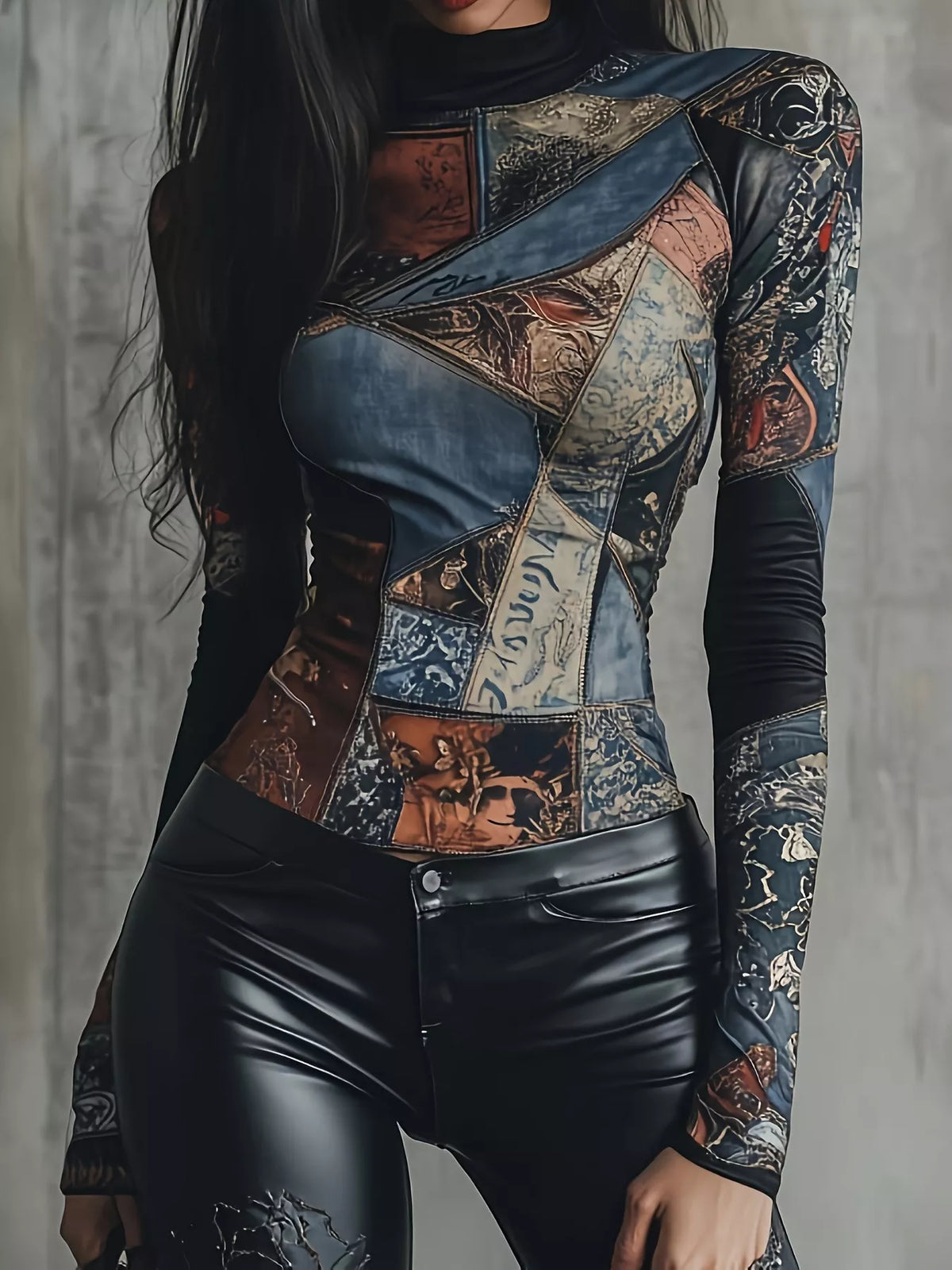 Trendsi Patchwork Printed Mock Neck Long Sleeve T-Shirt -