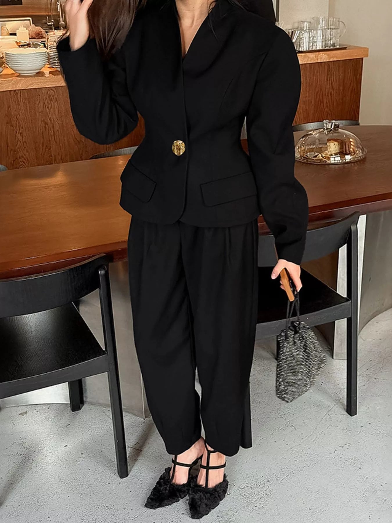 Trendsi Puffy Sleeve Blazer and Wide-Leg Pants Set -