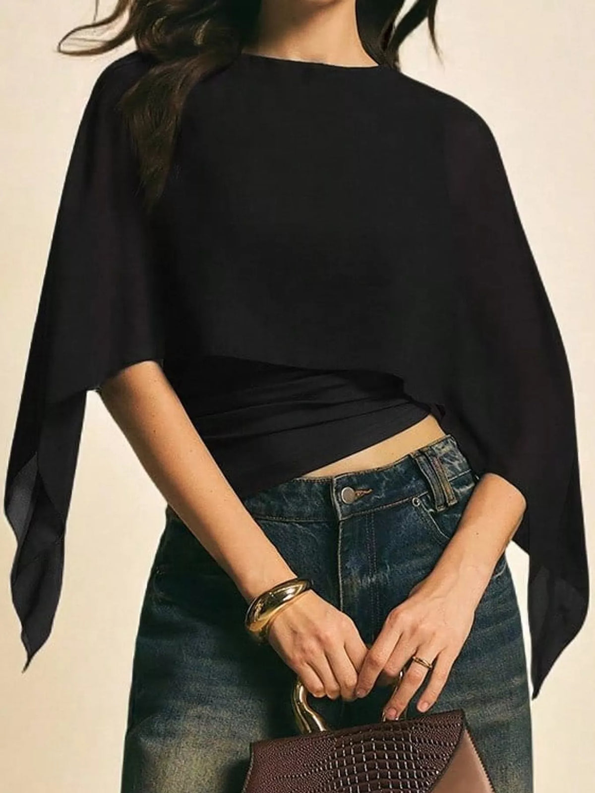 Black cape sleeve round neck blouse