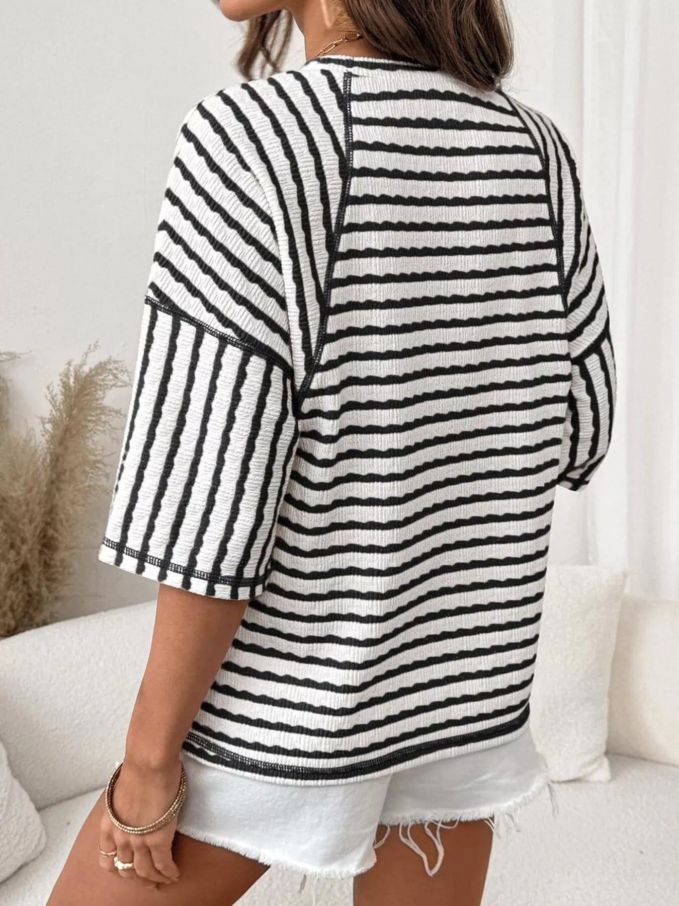 Trendsi Casual Striped Raglan Sleeve Textured T-Shirt -