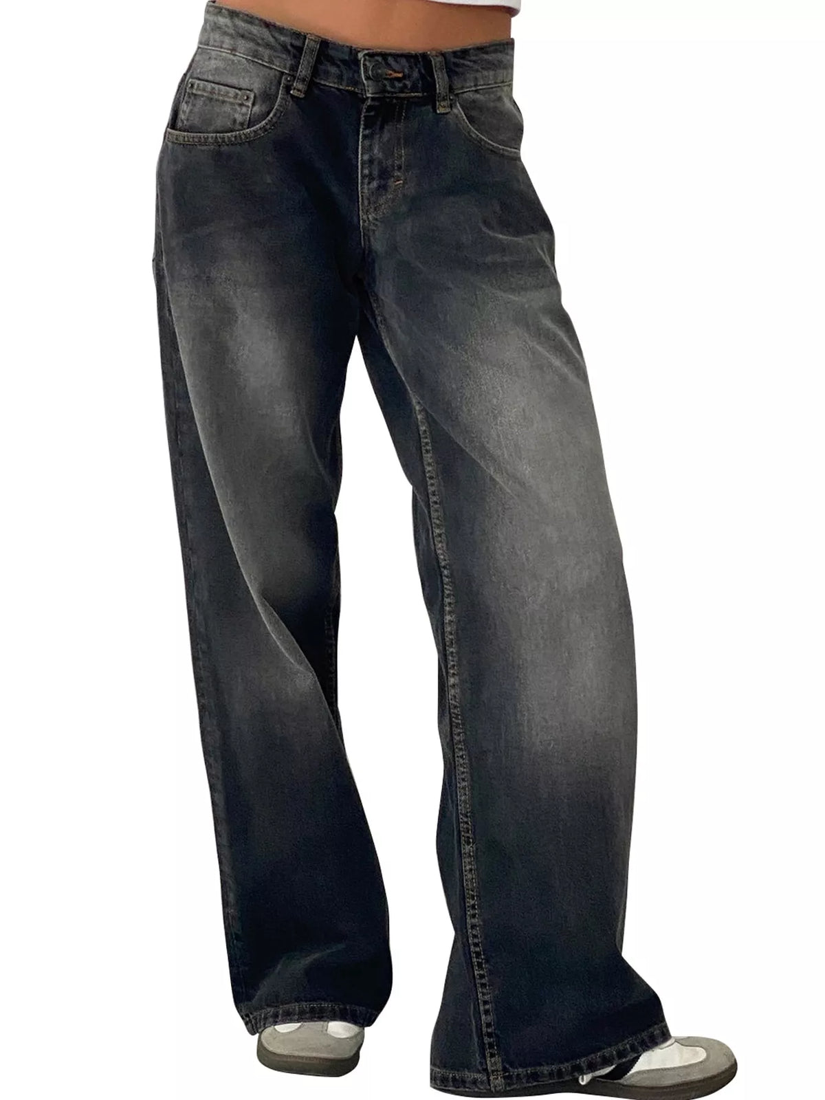Wide-Leg Vintage Wash Jeans in dark gray, front view