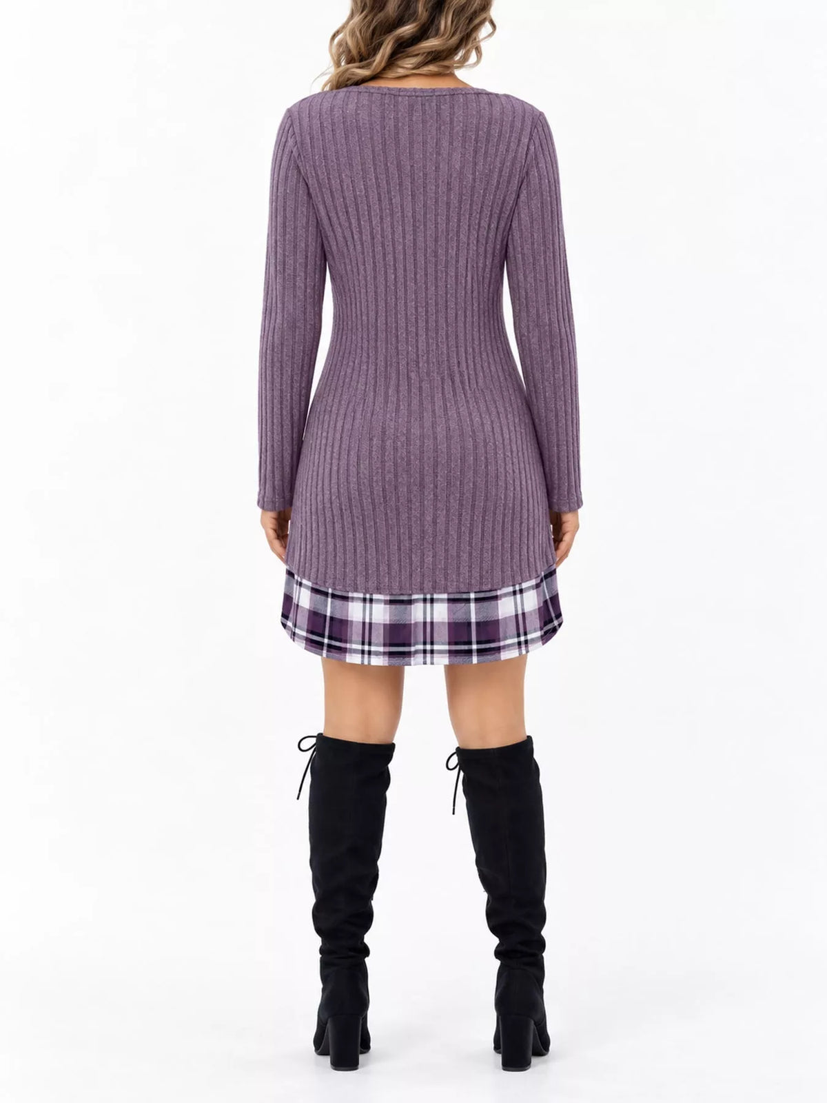 Round neck long sleeve mini dress, back view