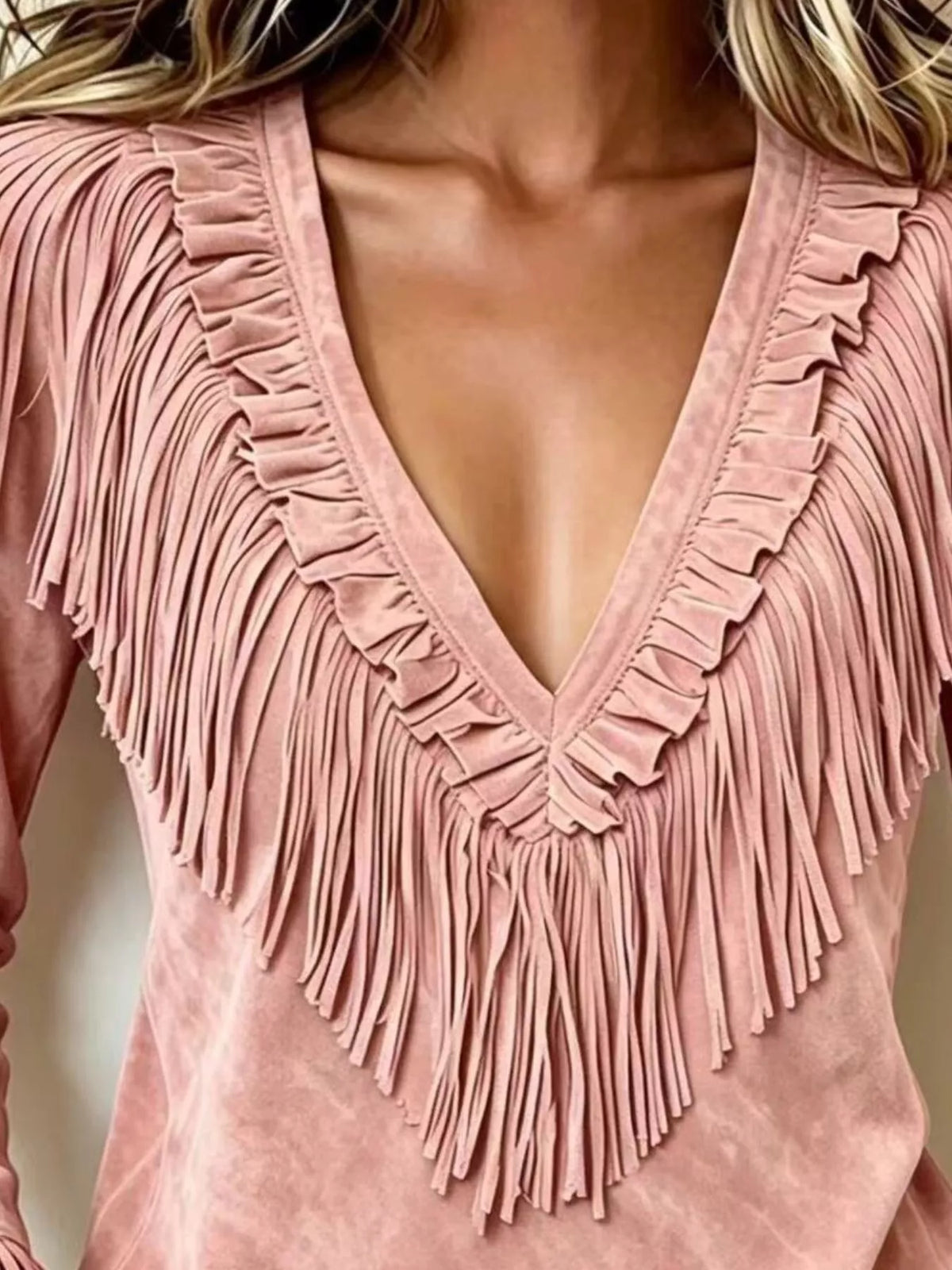 Fringed V-Neck Blouse in dusty pink, neckline detail