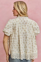 Trendsi SO ME Floral Print Lace Trim Short Sleeves Blouse -