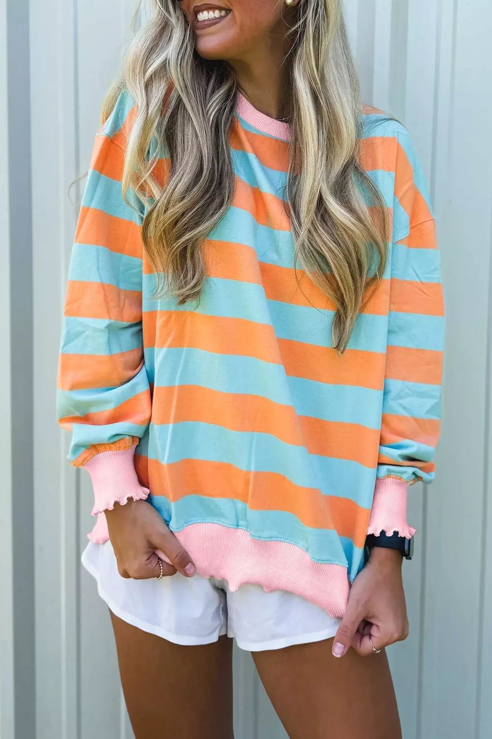 Trendsi Striped Long Sleeve Top with Lettuce-Edge Cuffs -